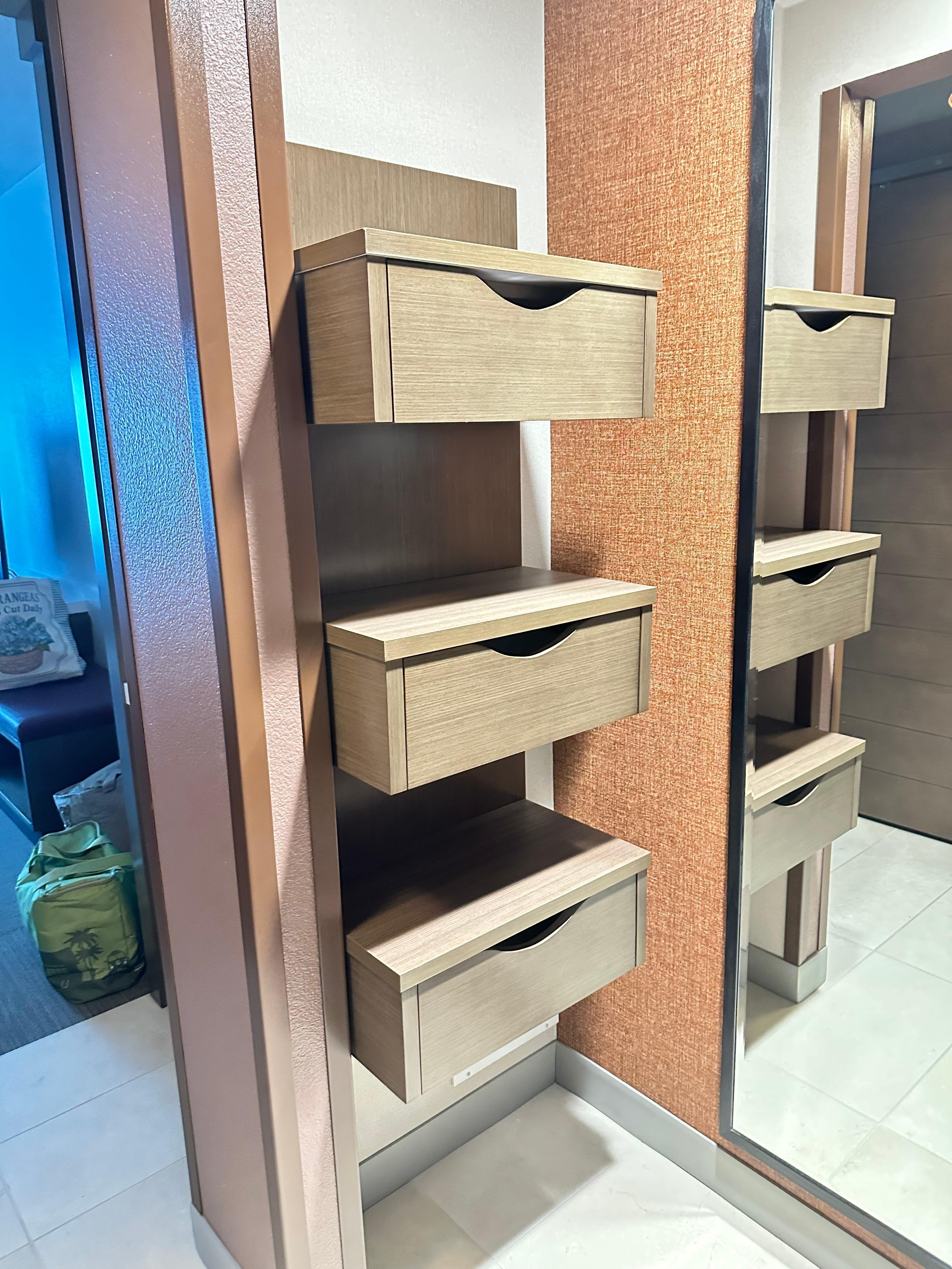 Closet with drawers and shelves. 