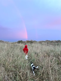 6am trip to the beach in pjs with double rainbow - something you can do when you’re beachfront!