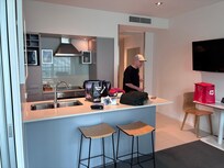 Lovely kitchen area with oven and hob. Full sized fridge freezer, microwave and a dishwasher
