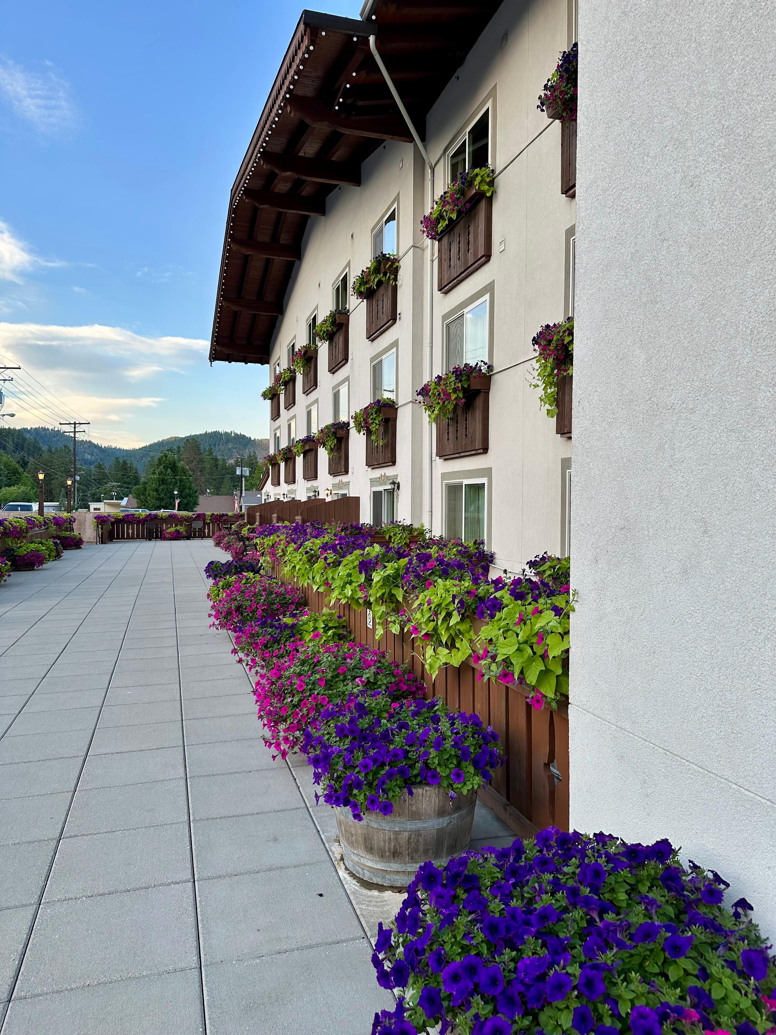 Bavarian Lodge with flowers in bloom.
