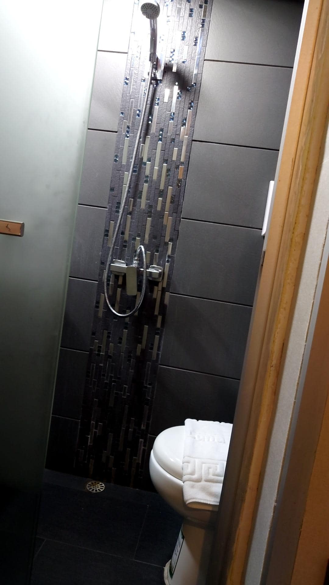 浴室。すりガラスの後ろに洗面台あり。浴室の床に勾配がないためシャワー後に溜まっている水を流す必要あり。浴室内にタオル類を干す場所もない。