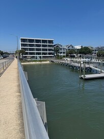 View of Habor Inn walking back across the bridge from the beach and shopping.
