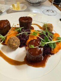 Venison tenderloin on puréed pumpkin