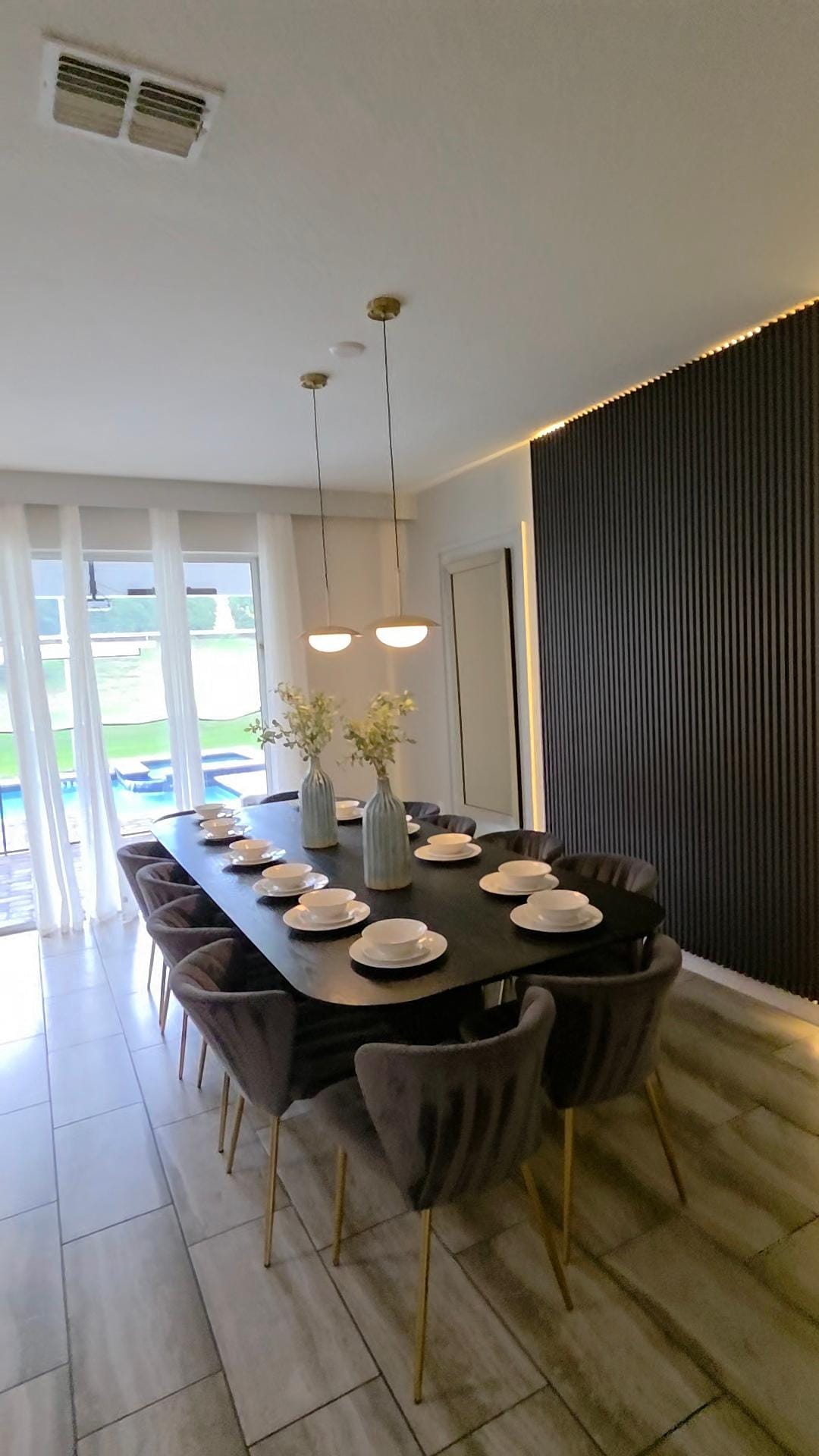 Dinning area with pool background