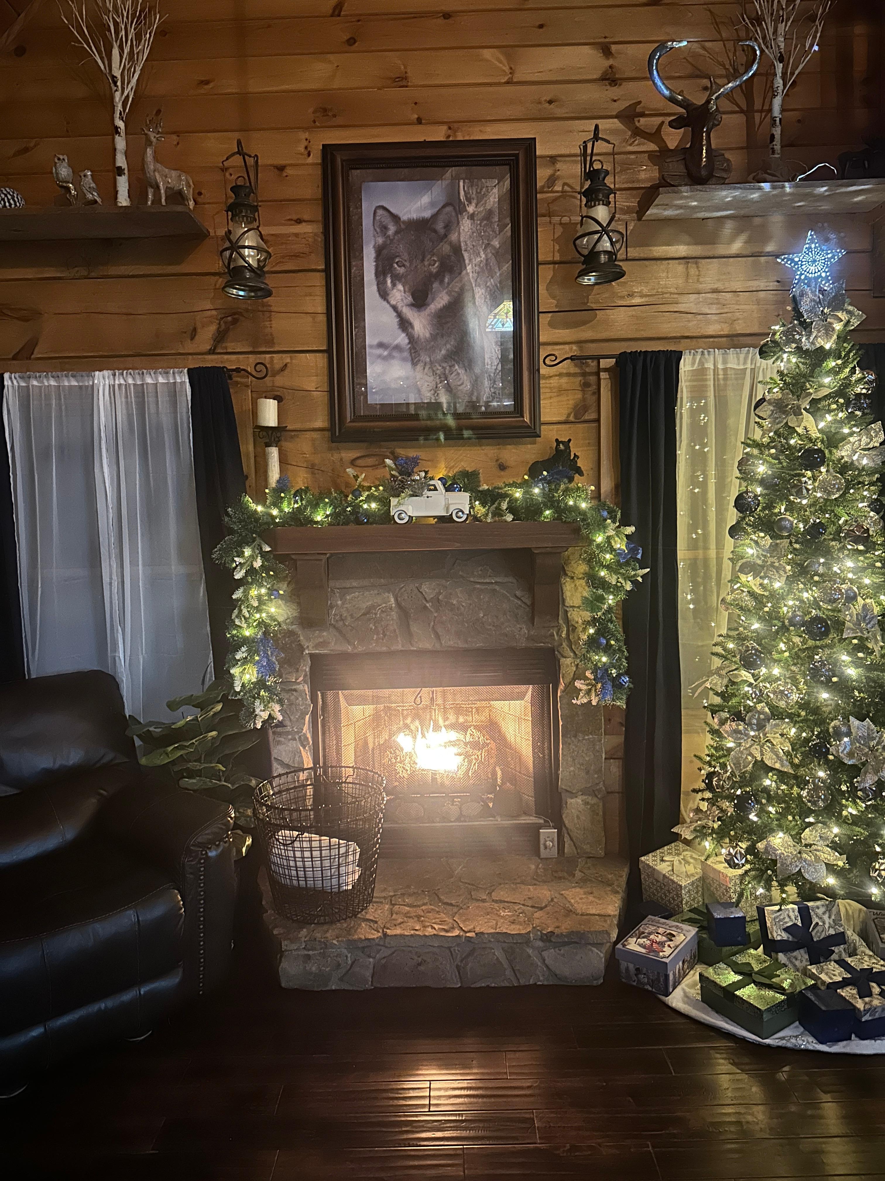 Beautifully decorated for the holidays complete with a wonderful fire place