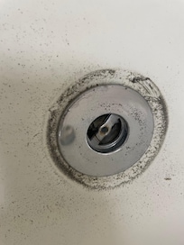 Unknown black mold or dirt around drain of tub that could not flow down drain.
