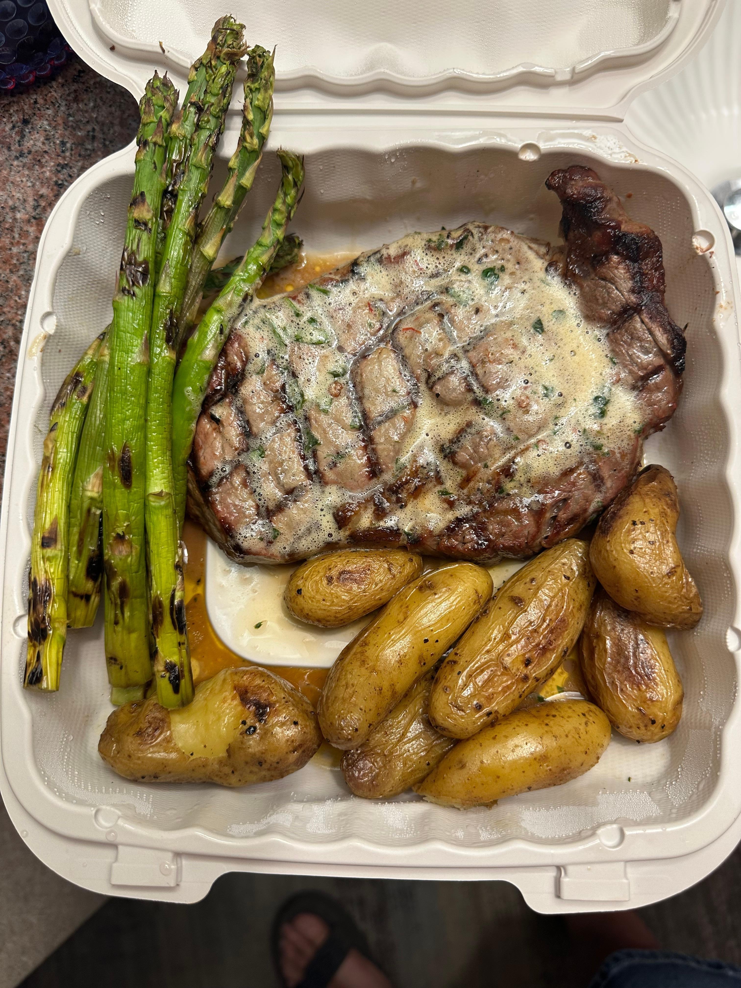 Ribeye steak with asparagus and potato fingers was wonderful!