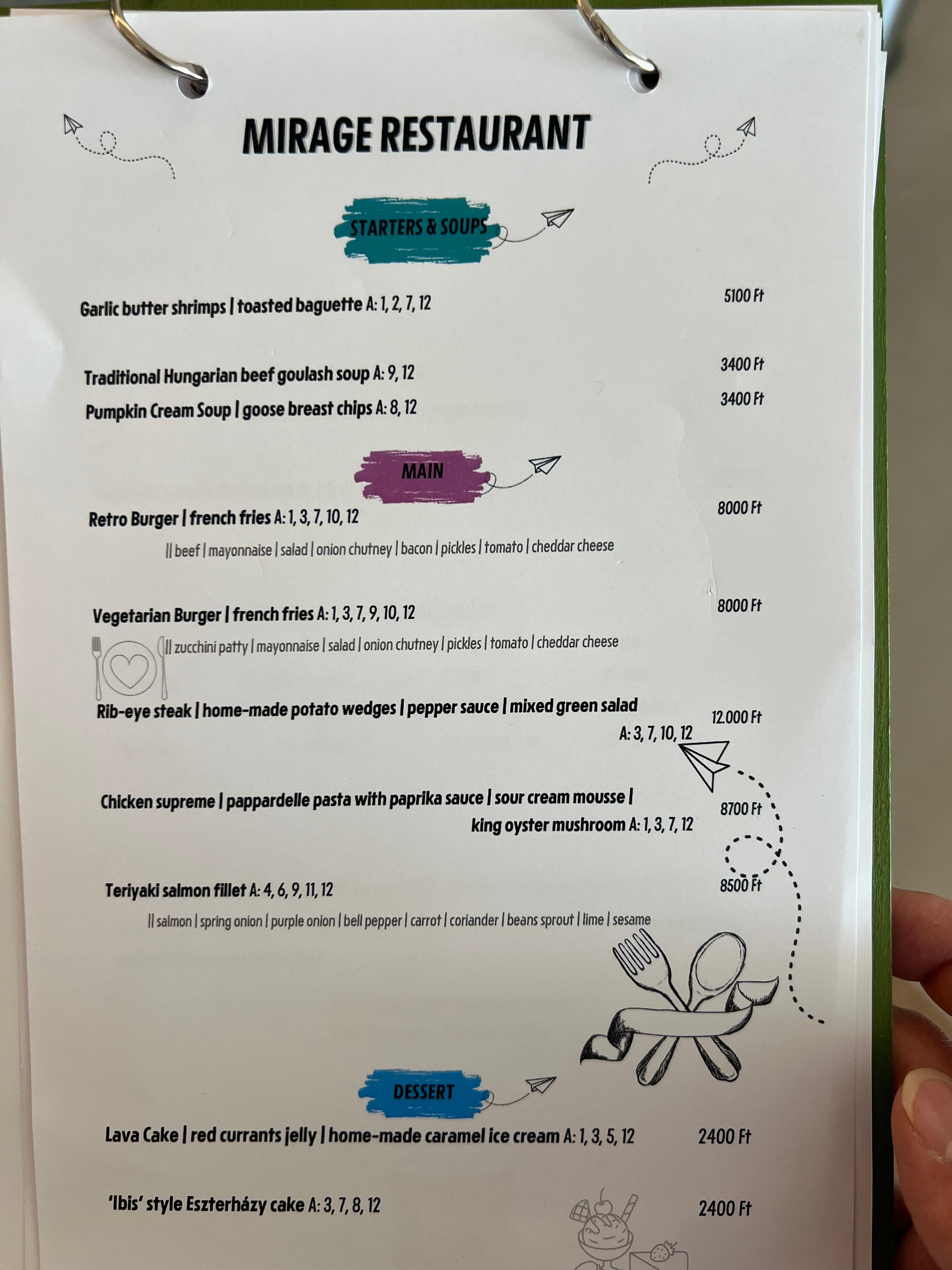 Onsite restaurant menu