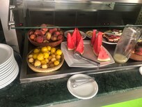 Breakfast buffet. Plenty of fruit and an omelette bar and pastry and cereals