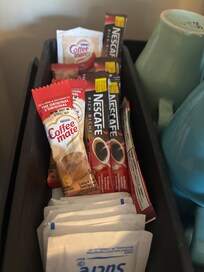 Instant coffee, powdered creamer, no tea, no proper coffee, no coffee machine.