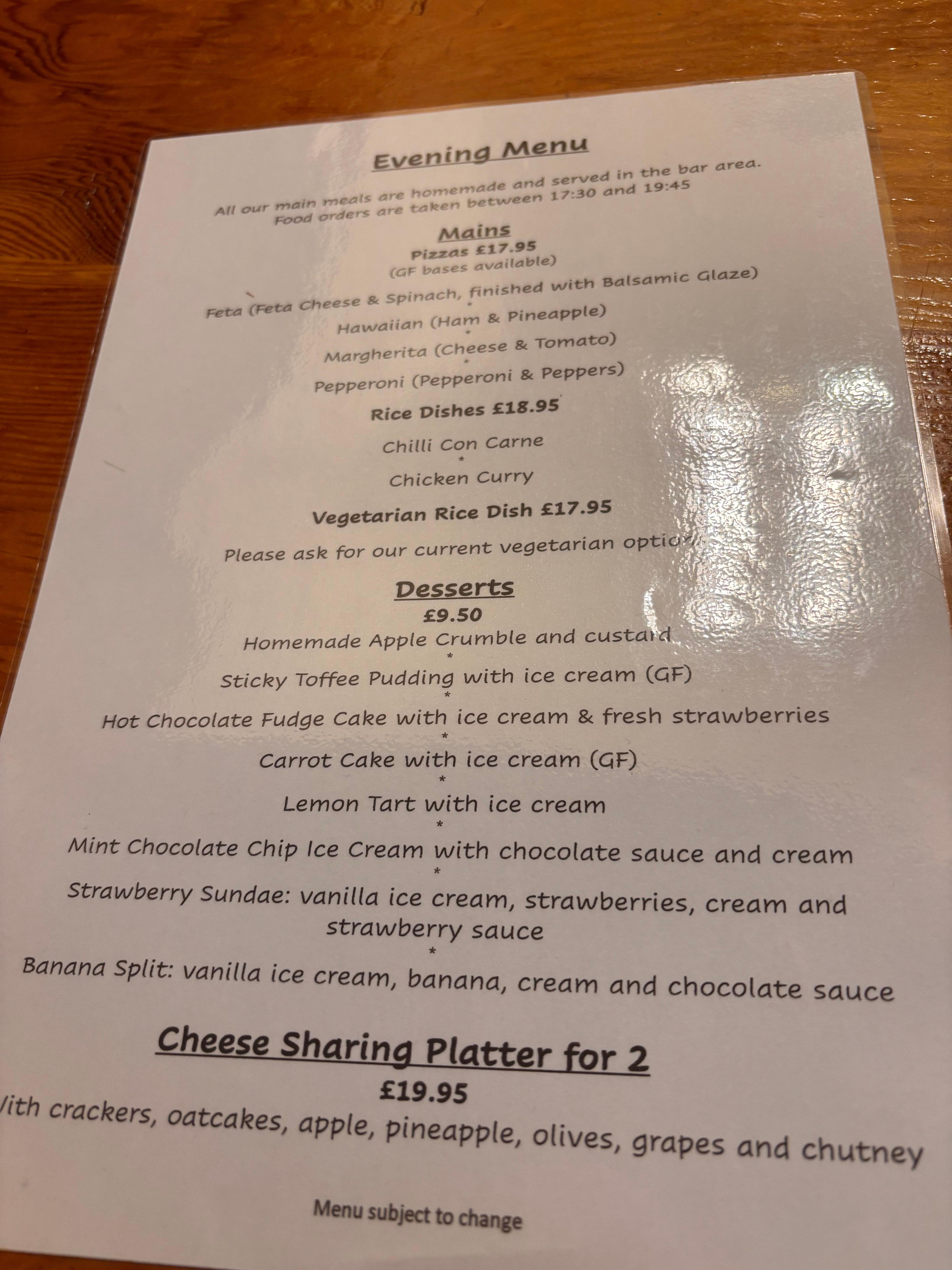 Dinner menu for Creag Mhor Lodge 