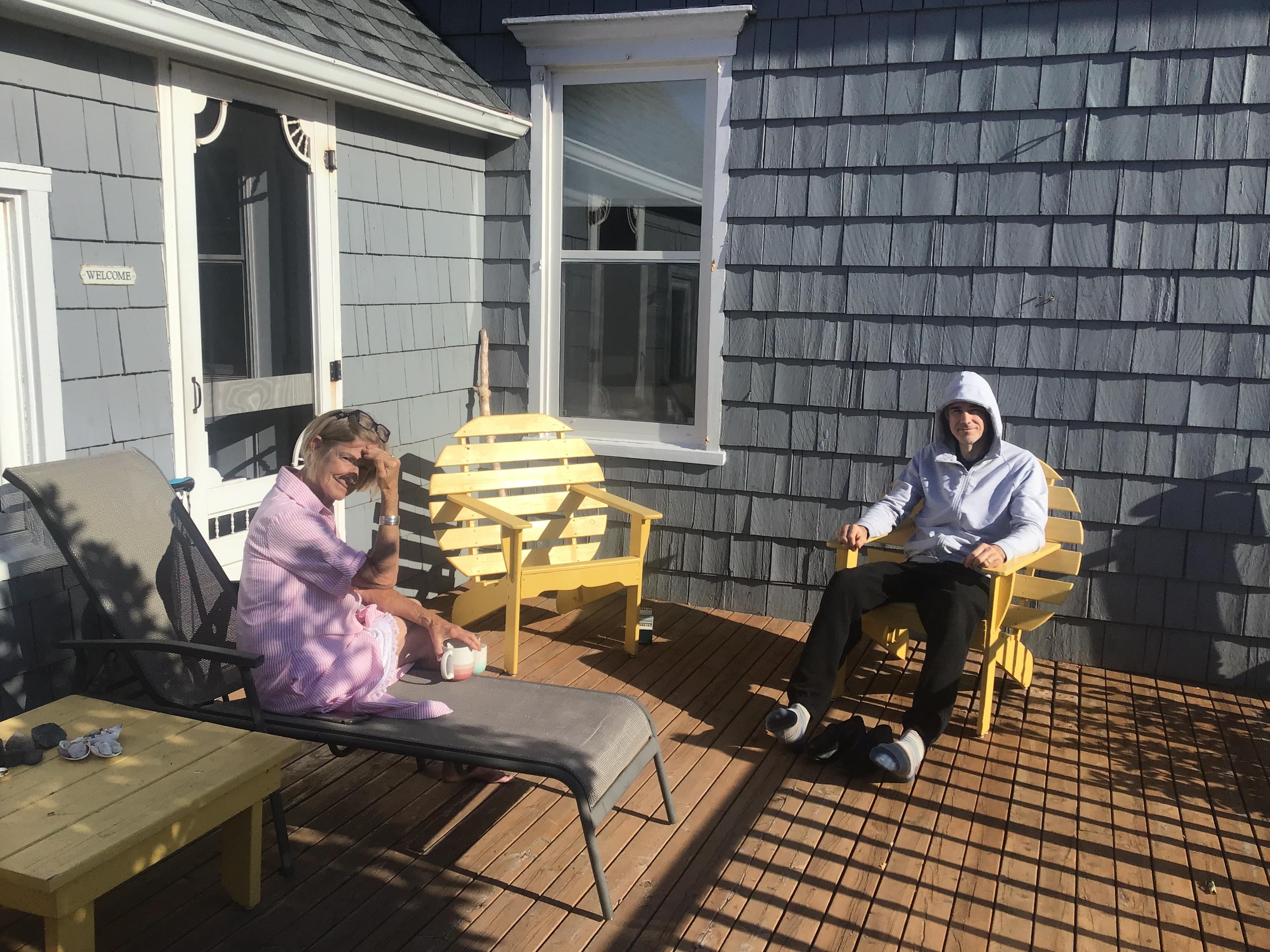 Morning coffee and breakfast facing the morning sun 