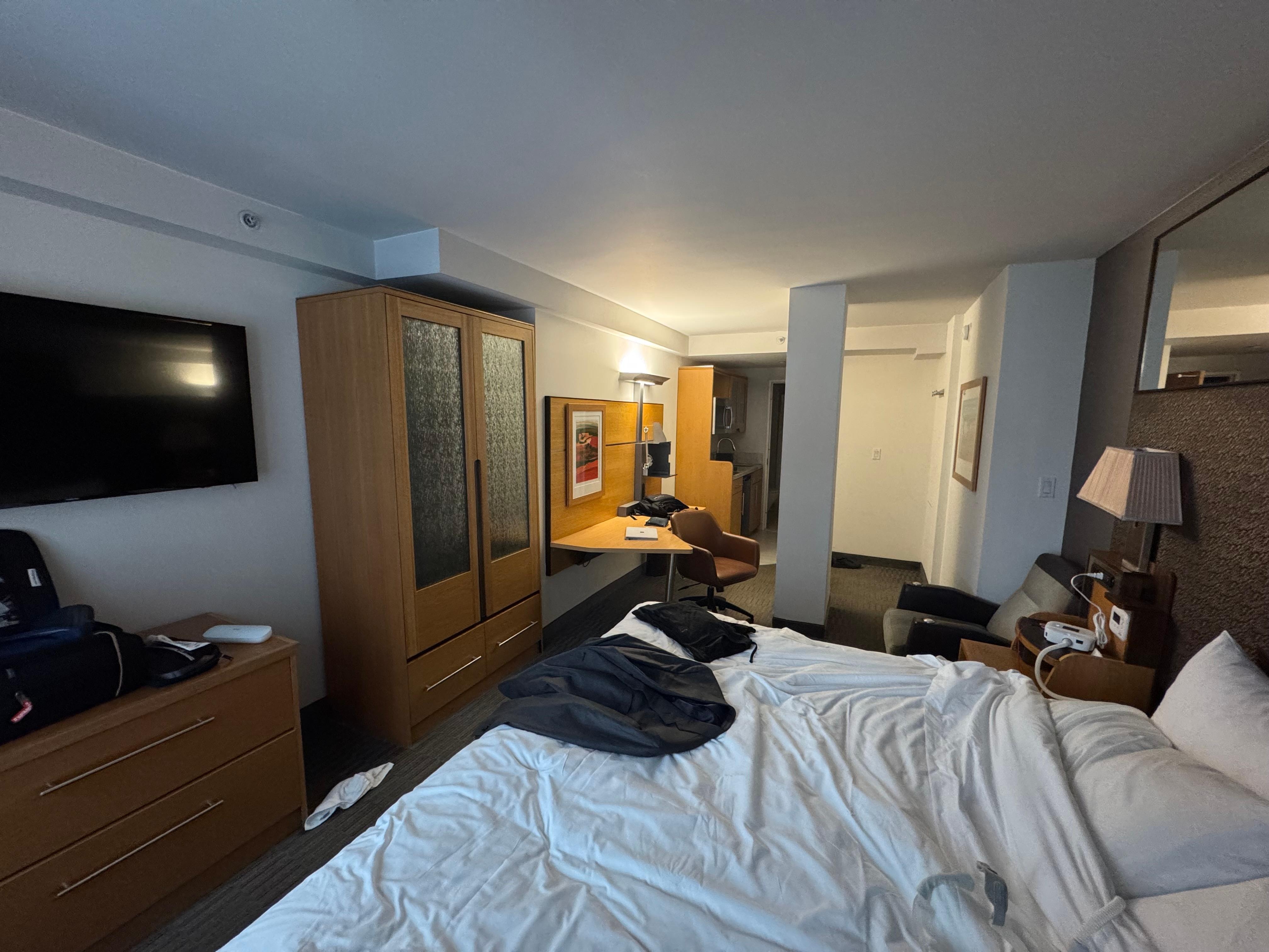 Very spacious guest rooms with king-sized beds, generous work area, and kitchenette. (Sorry for the mess—an authentic guest photo!)