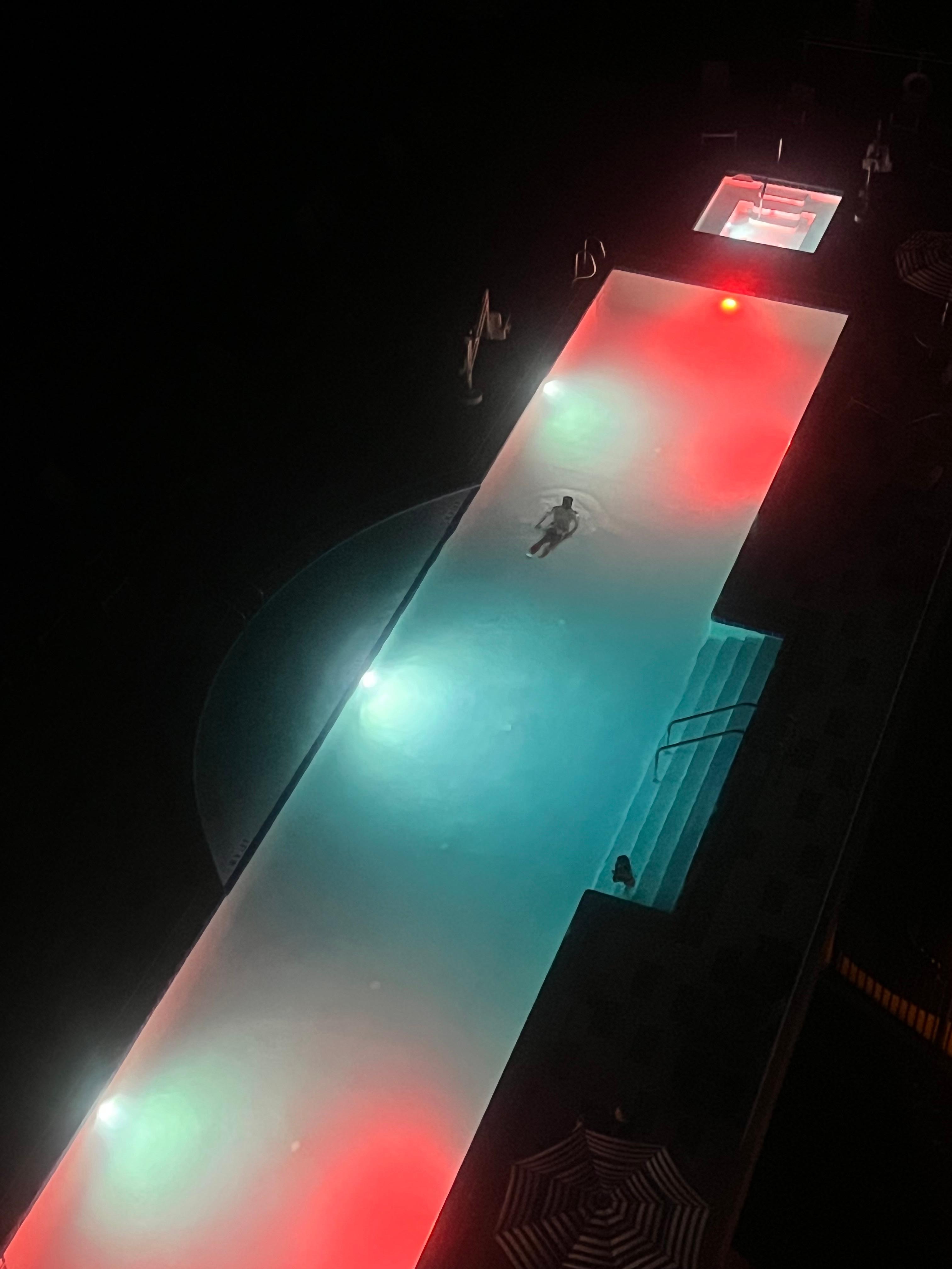 The pool was lit up at night