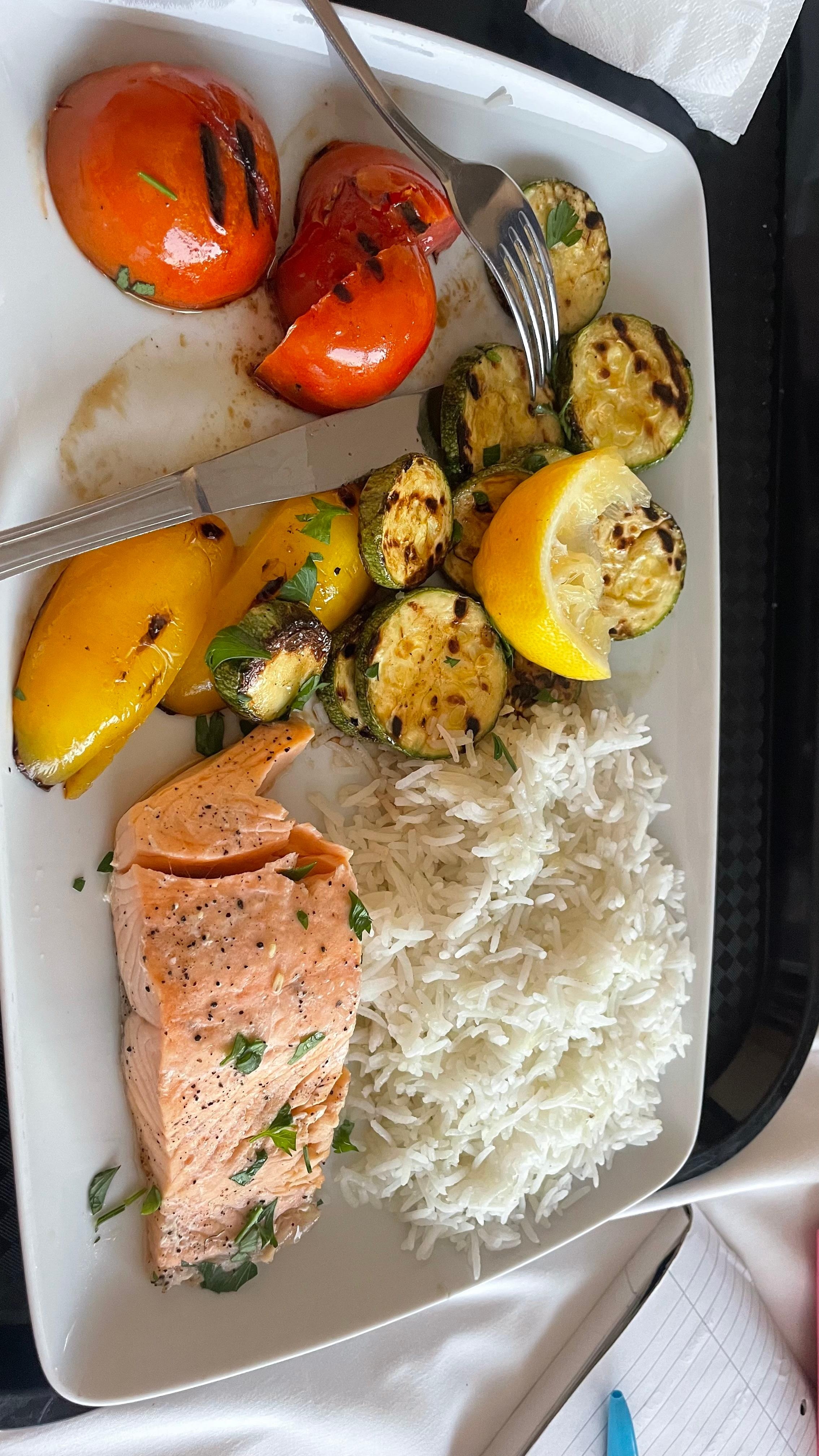 Delicious, healthy salmon meal on room service. 