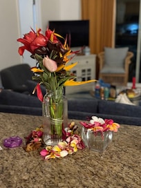 Even had vases for the beautiful flowers we bought at the local farmers market!