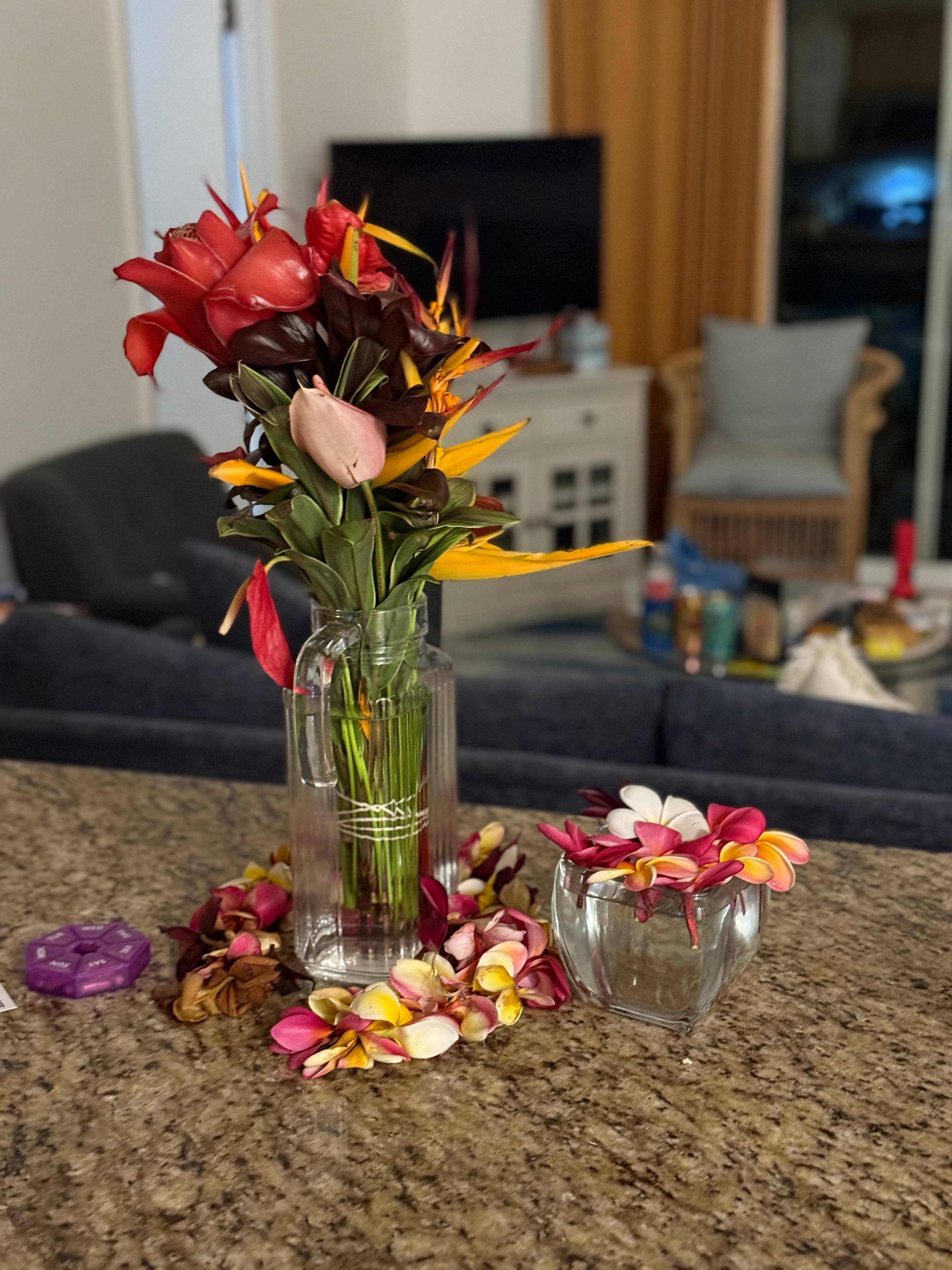 Even had vases for the beautiful flowers we bought at the local farmers market!