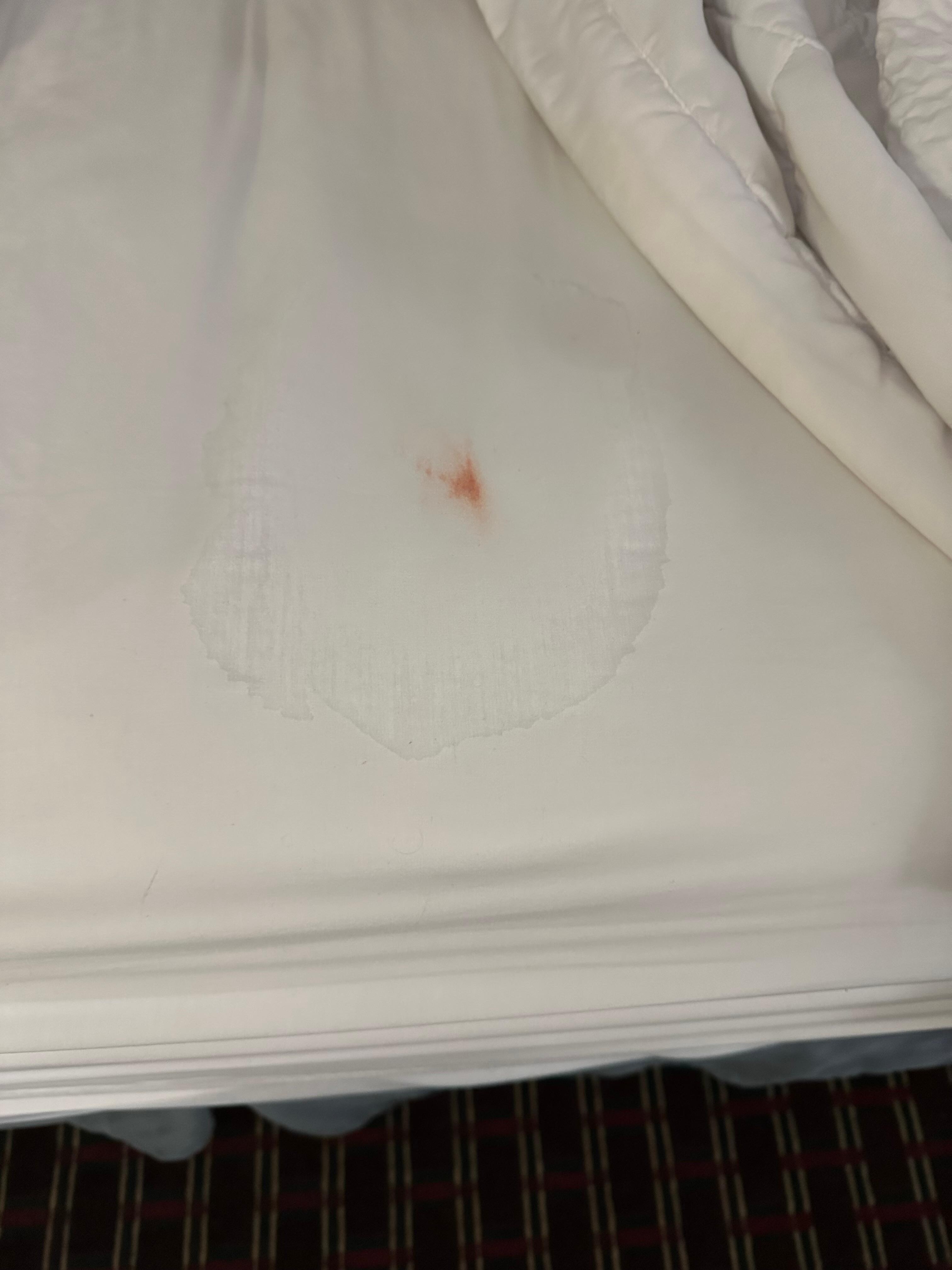 Blood stain on sheets that had obviously not been changed.