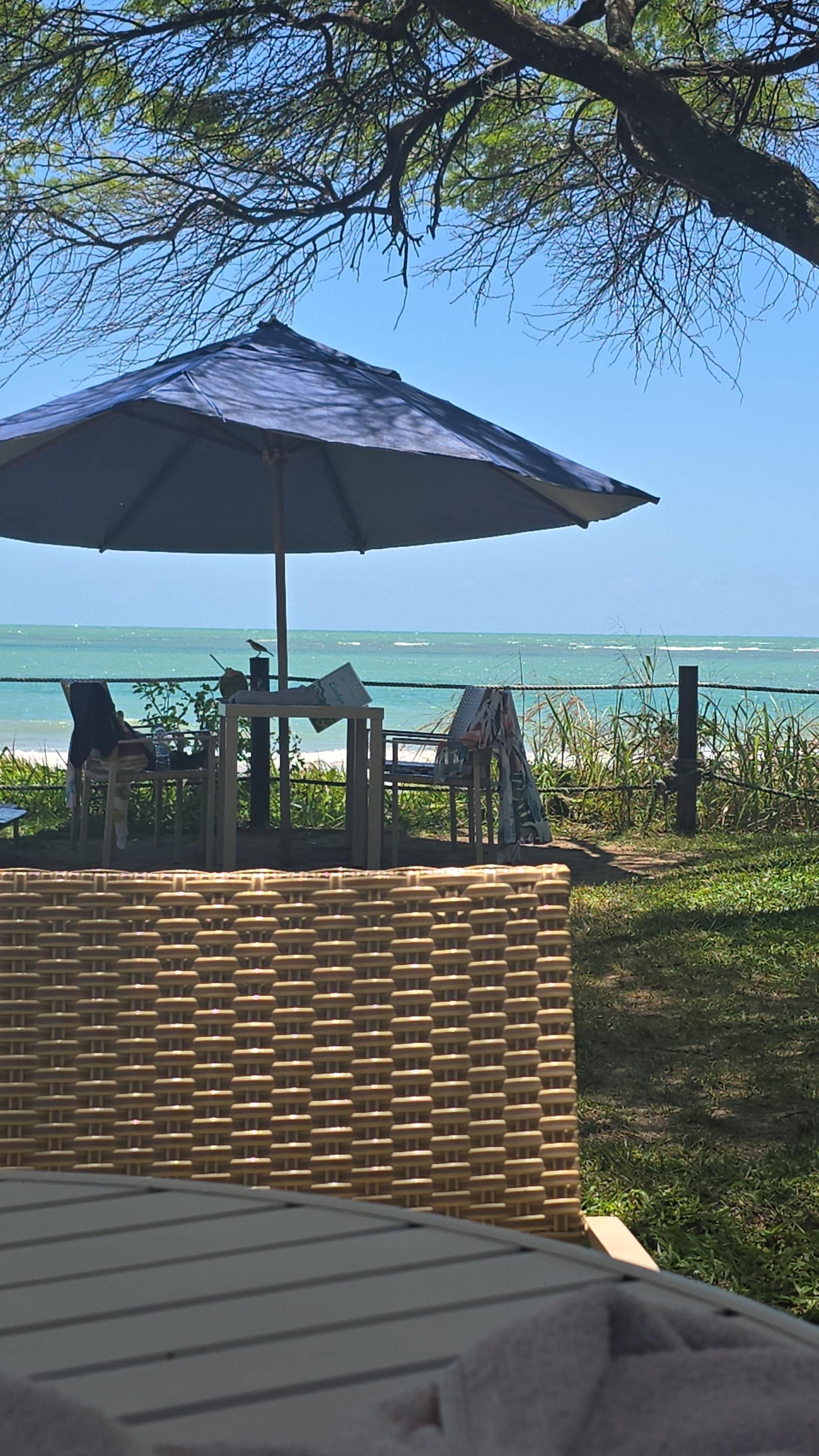 Jardim do Hotel, pe na areia reaente e o pessoal do restaurante te atende nas mesas, vc pode tomar um banho.dear e voltar para mesas beliscar um tira-gosto ou ate mesmo fazer uma refeição completa, sem sair do hotel.