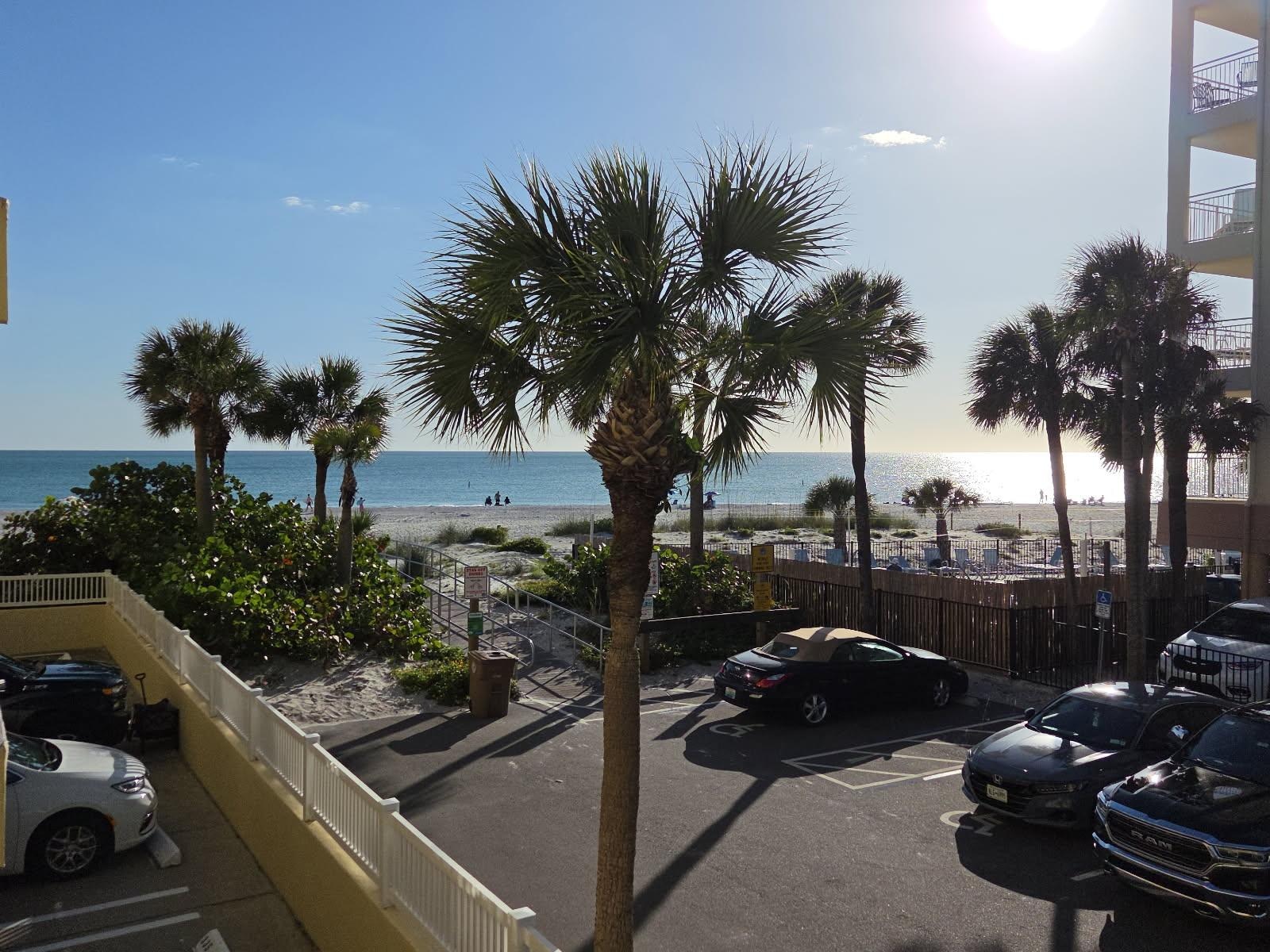 View of beach from balcony.