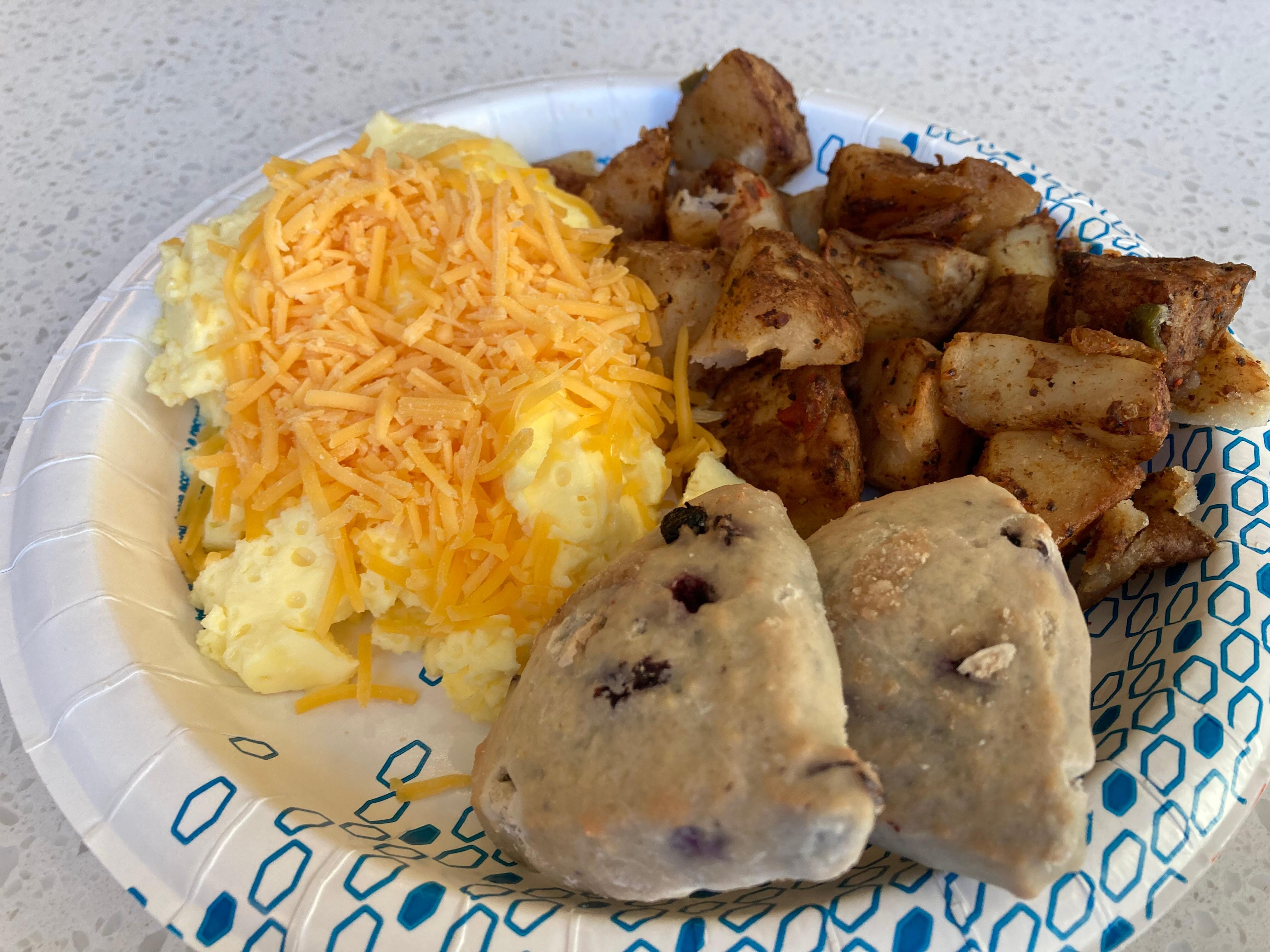 Eggs were so-so, potatoes good and flavorful, blueberry scones insanely fresh and delicious