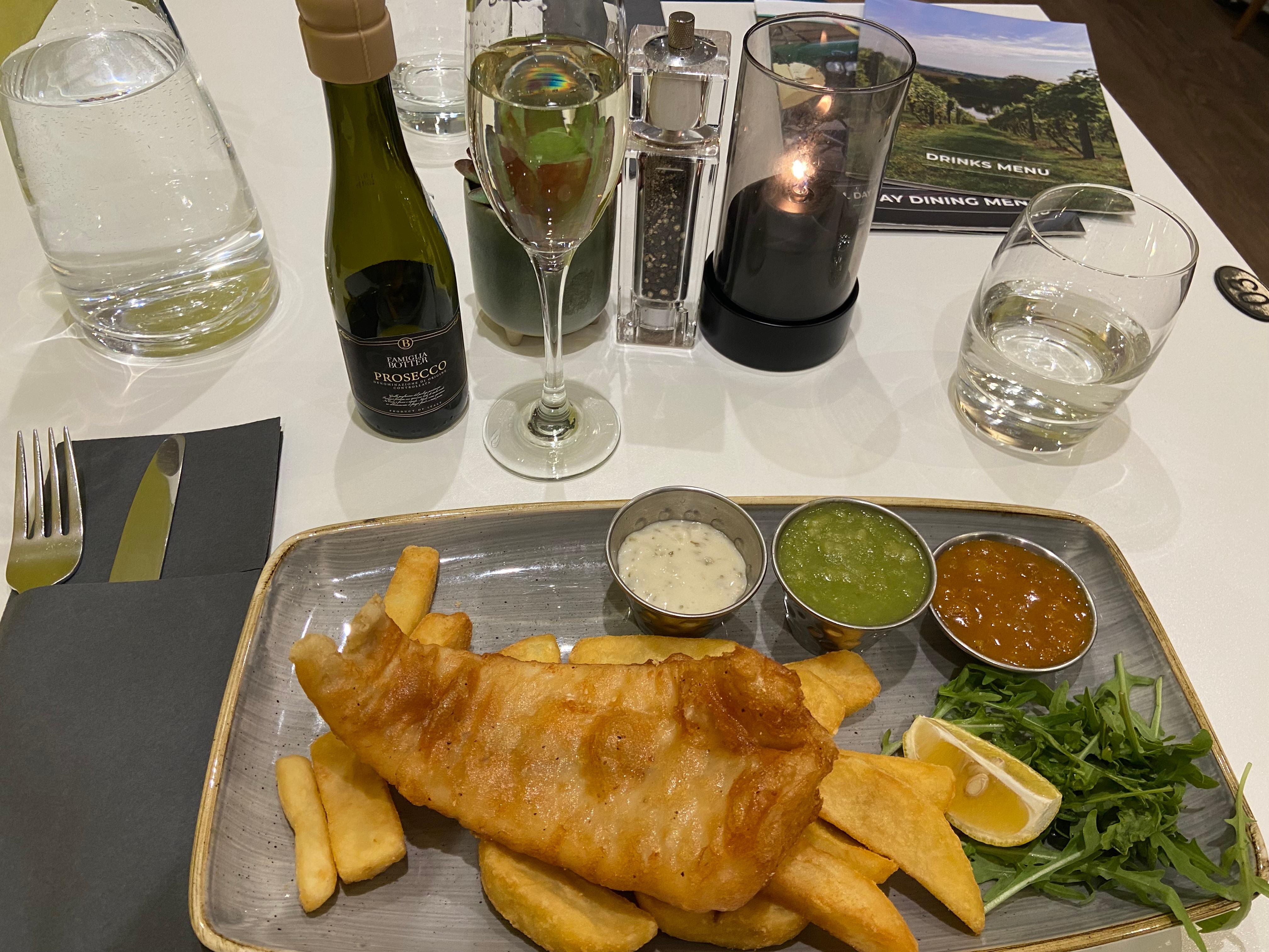 My last British Fish & Chips with mushy peas meal at the Holiday Inn restaurant.  