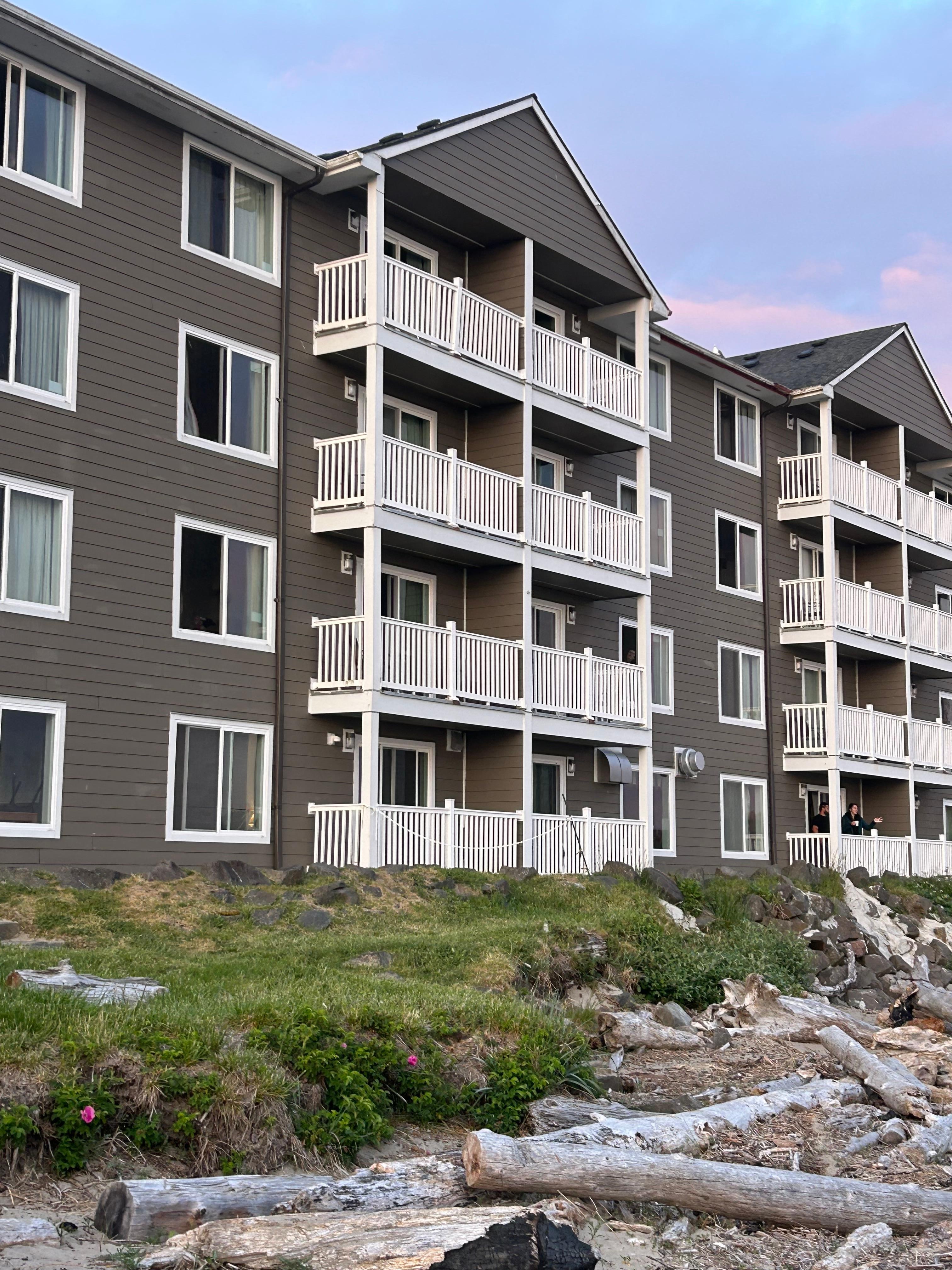 That is the hotel when standing on the beach 