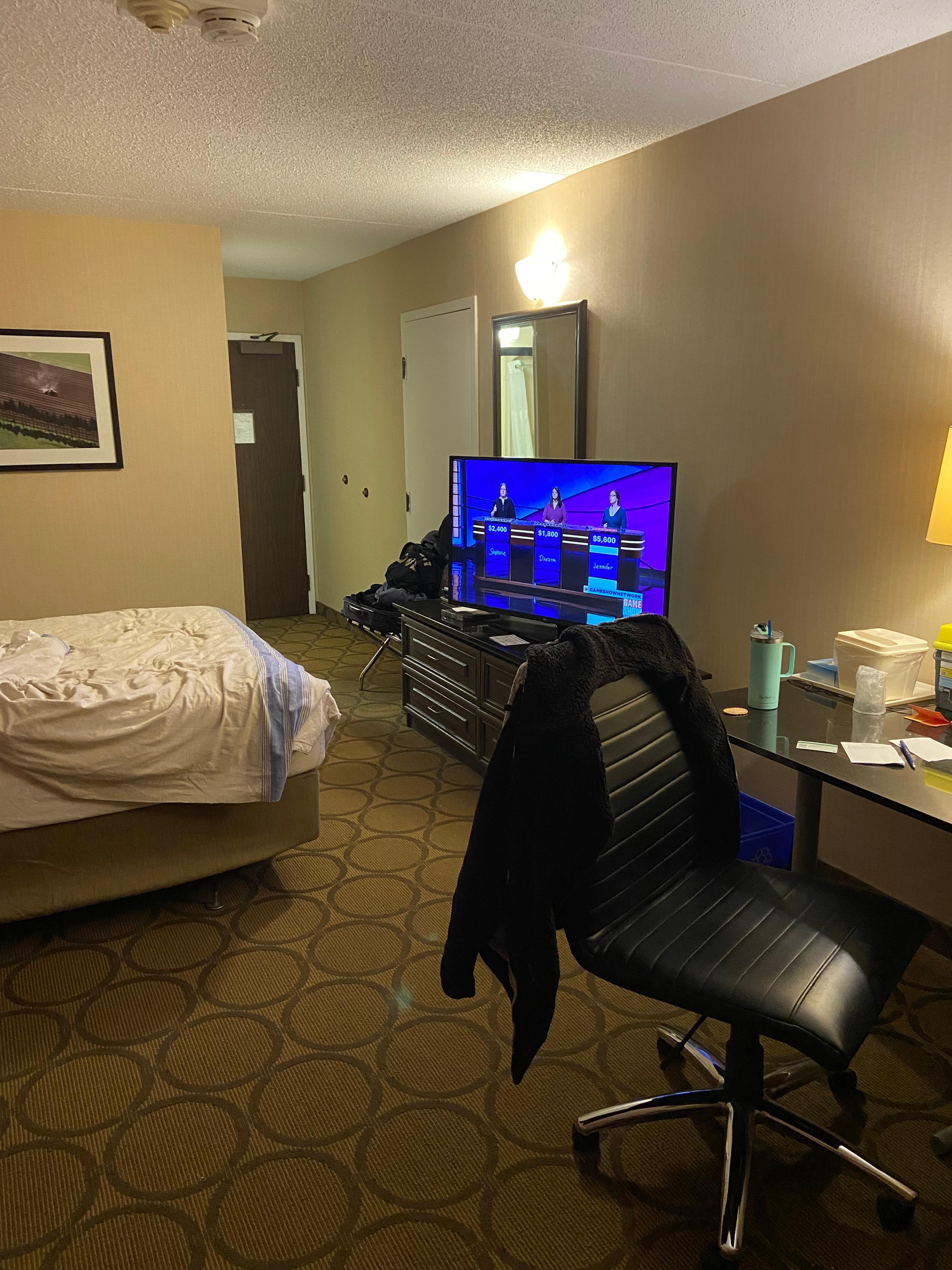 Lots of space, even work space for your laptop computer, comfortable adjustable desk chair and lots of plugs on and around desk, nightstand.