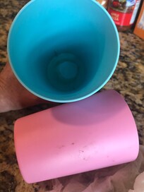 The dirty glasses in the cabinet…looked like dried tea in the large blue glass and kids dirty hand prints on the small pink glass