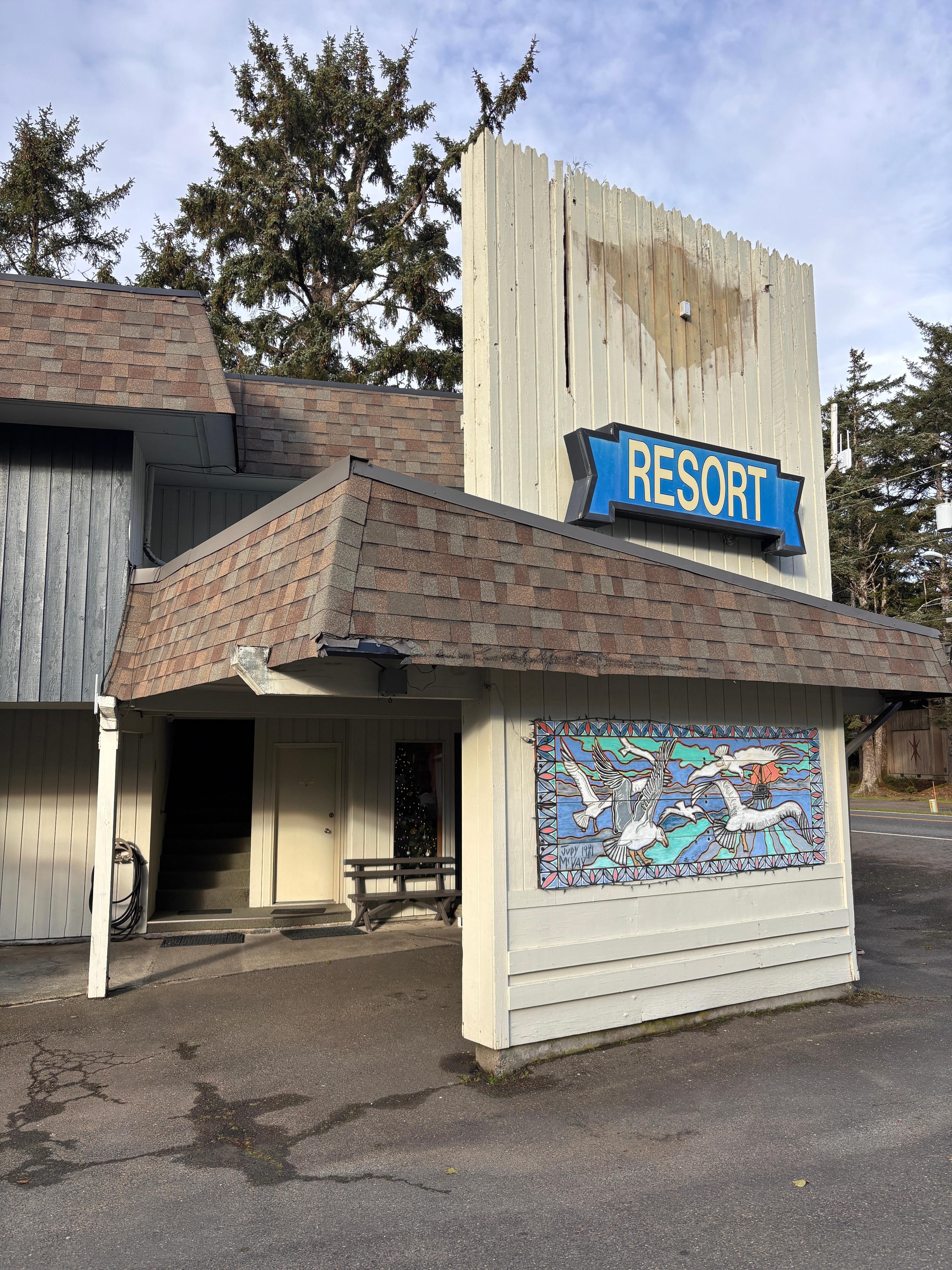 Front appearance of the hotel. Staff advised the name crest had fallen off, notice the rot and decay on the wood and fascia.
