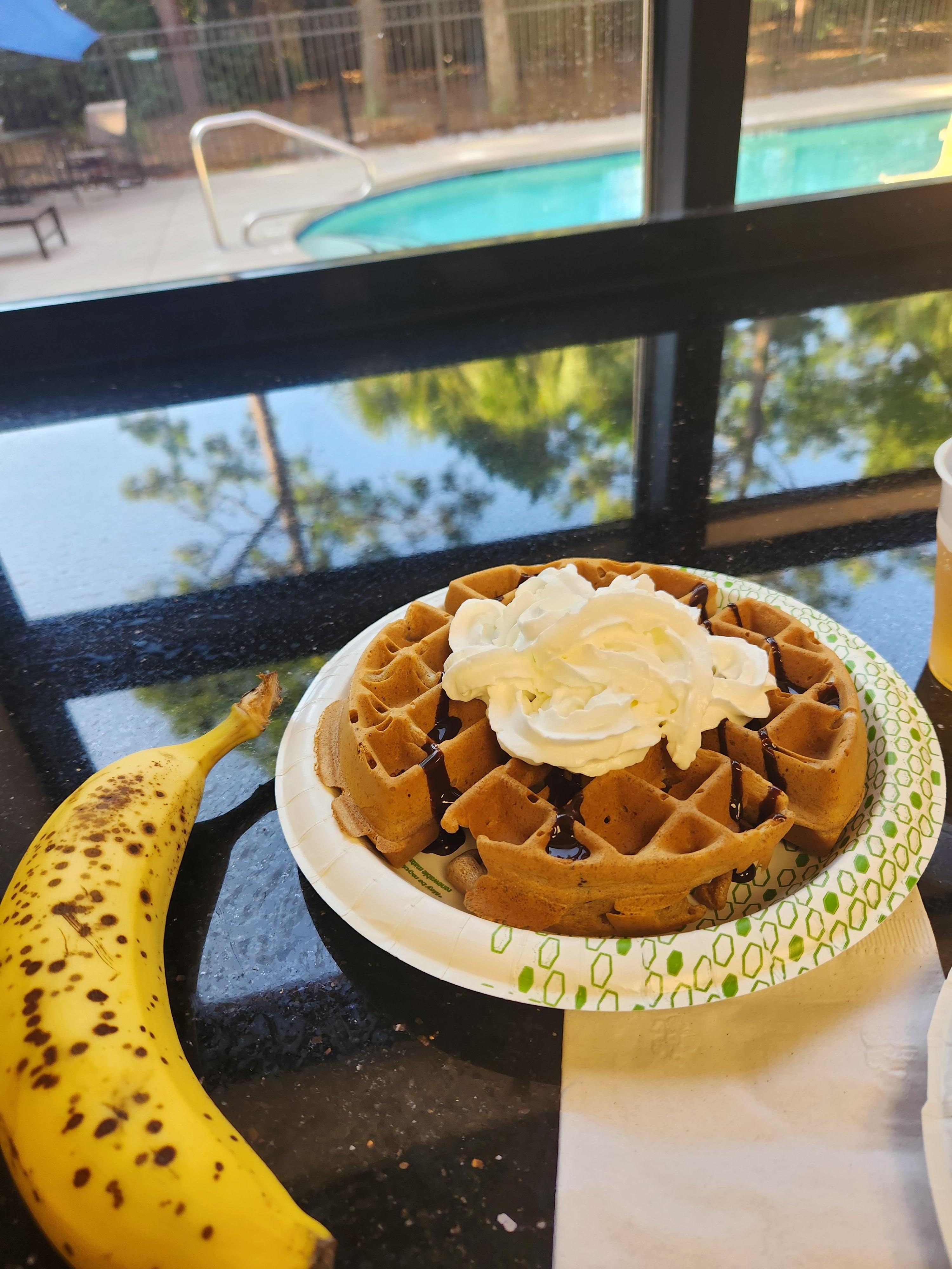Breakfast with pool view.