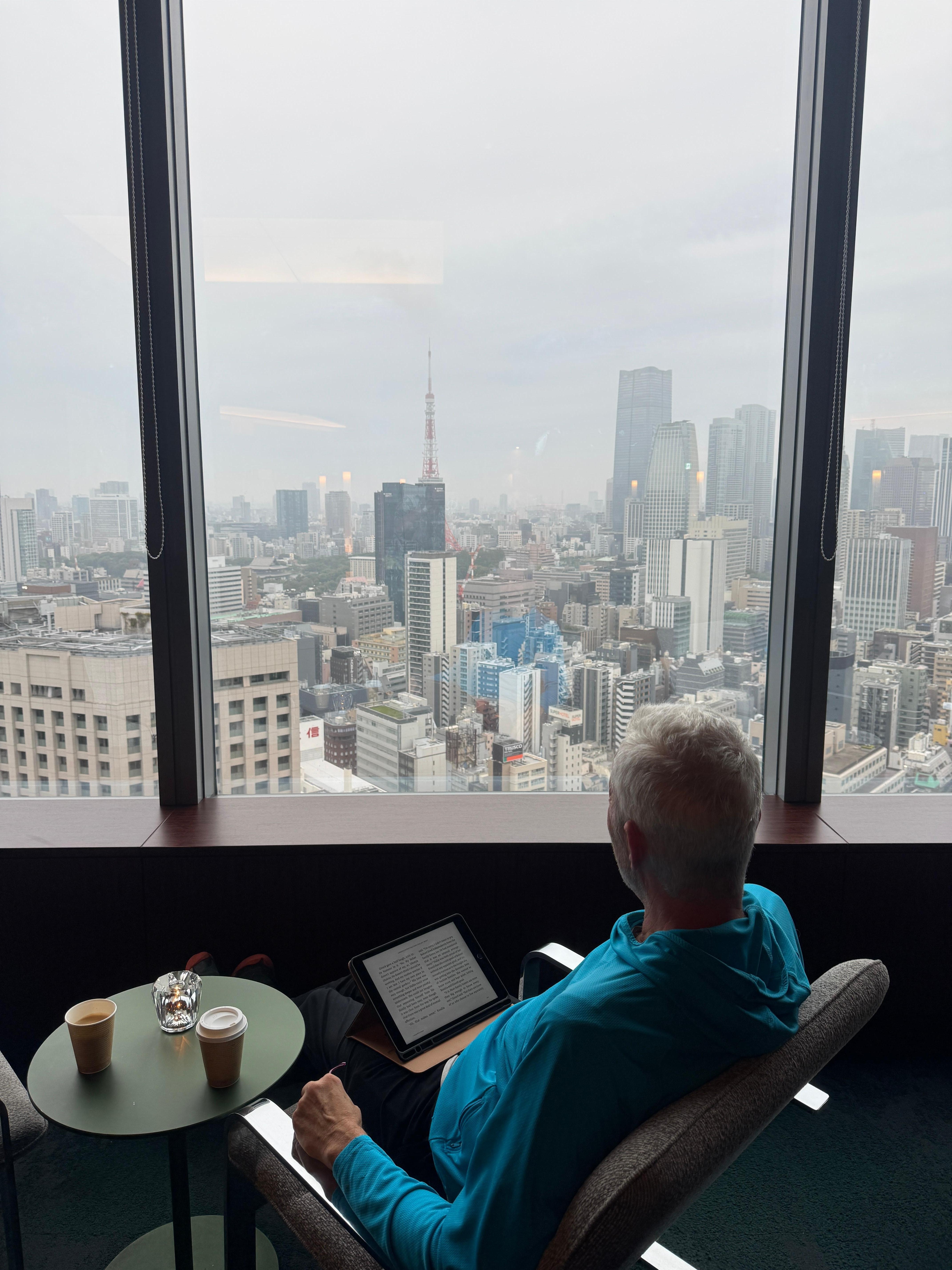 View from lobby sitting area of Tokyo tower - it lights up at night