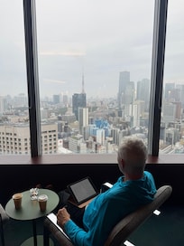 View from lobby sitting area of Tokyo tower - it lights up at night