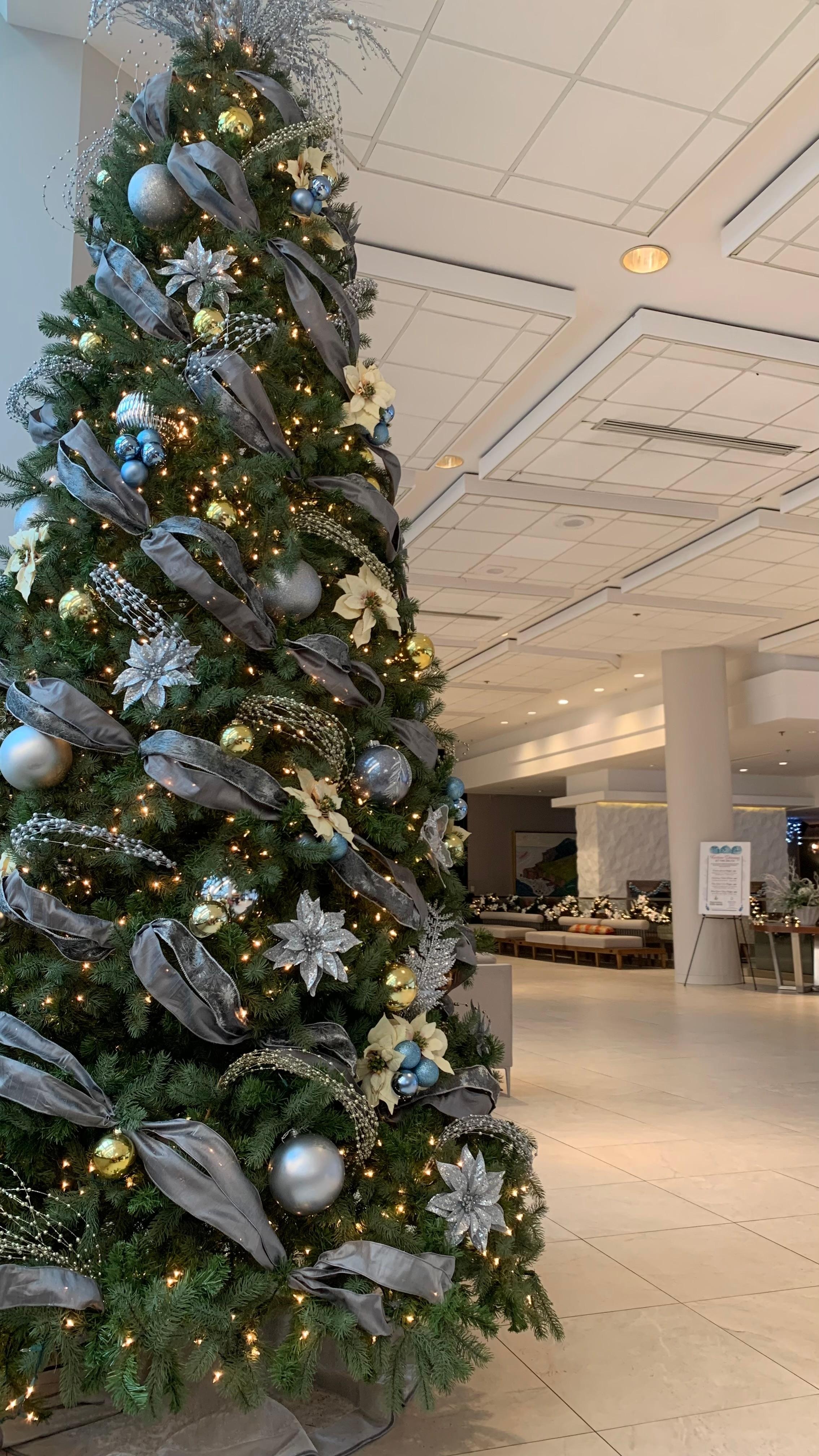 The space is decorated beautifully for Christmas.