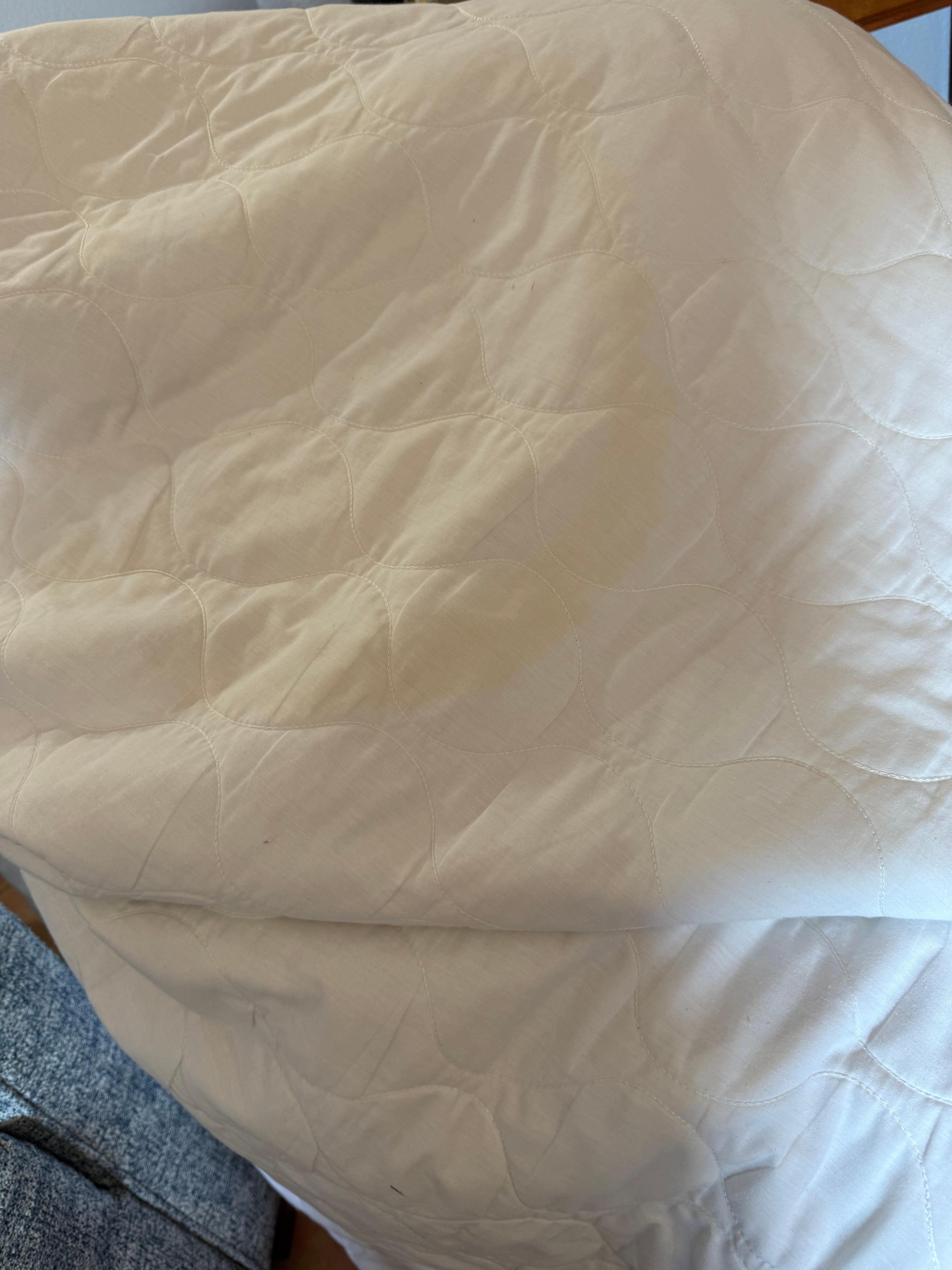 Urine stain mattress covers where I’ve slept for the week along with pubic hair under my sheet, on this pad 