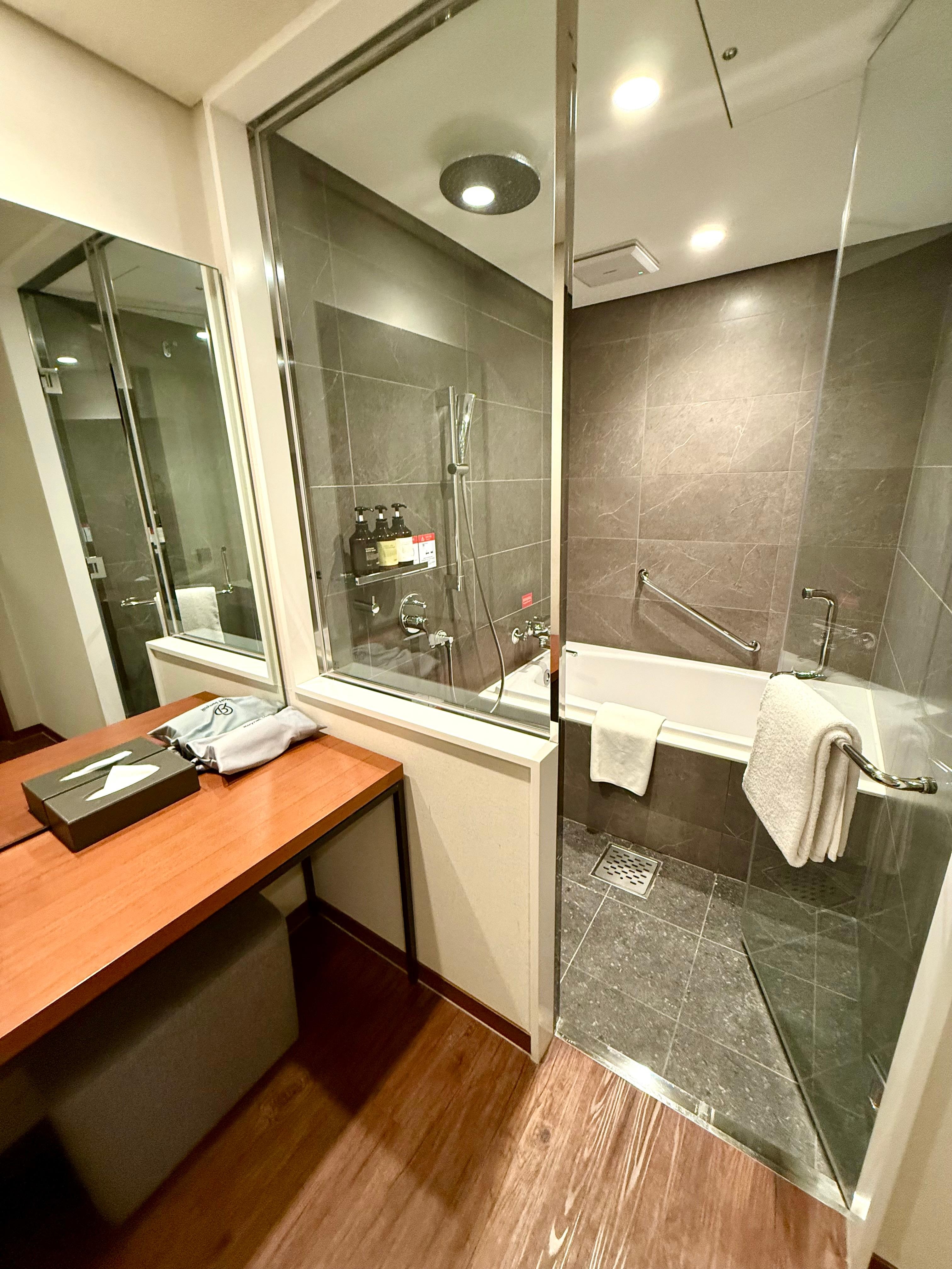 豪華雙床房的浴室淋浴間/浴缸、化妝台