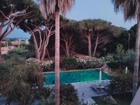 Blick von der Terasse in den Garten mit Pool.
