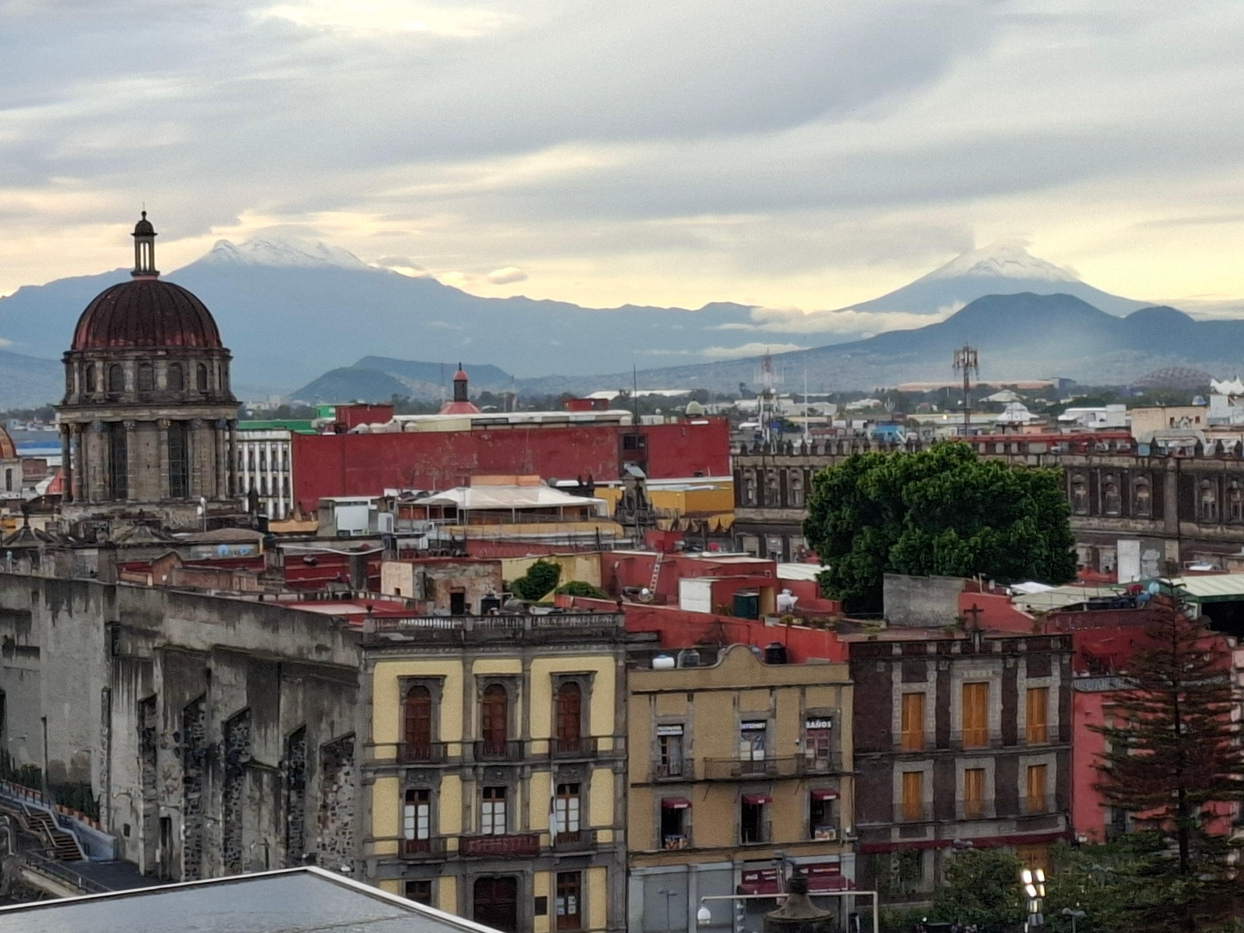 Snow capped mountains viewed from terrace 
