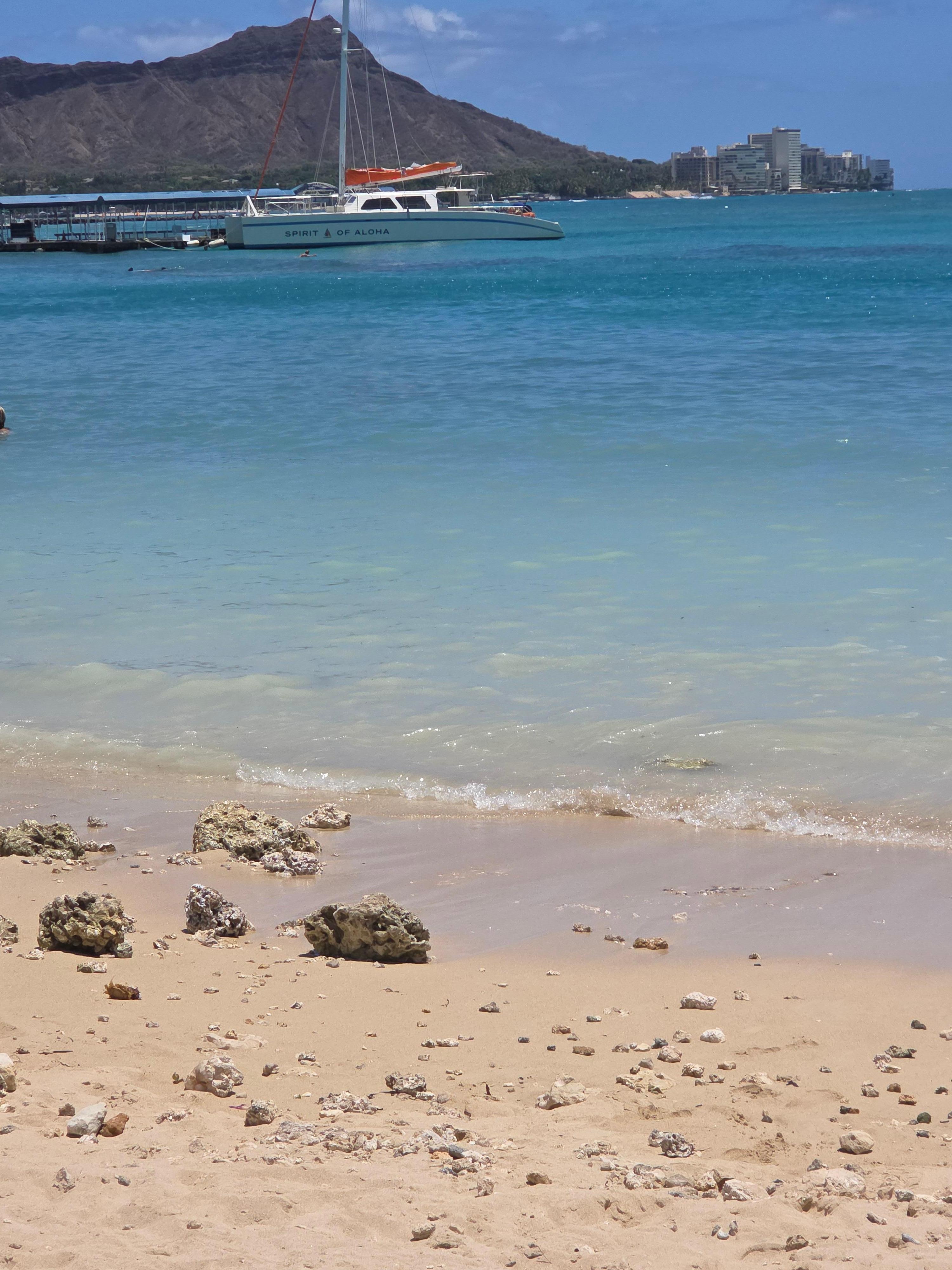 View of Diamond Head from the beach behind Ilikai hotel property 