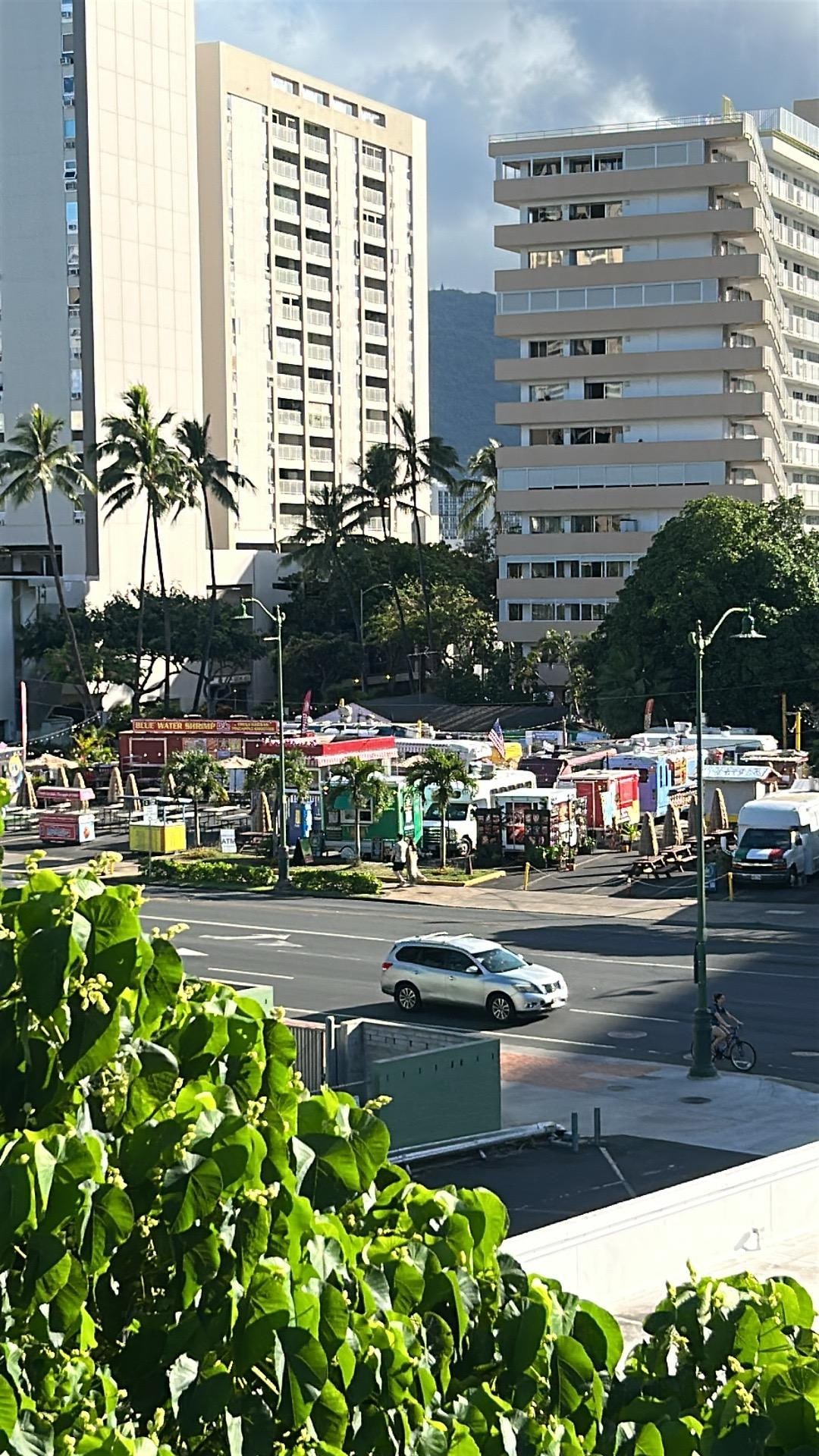 View from my room of the amazing food trucks across the street