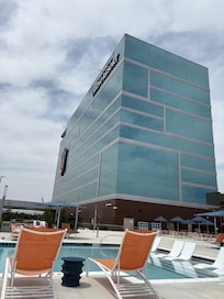 Poool is open, added bonus of music and outdoor bar.