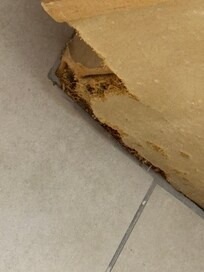 Bathroom cabinet who eroded away from what looks to have been soaking in water