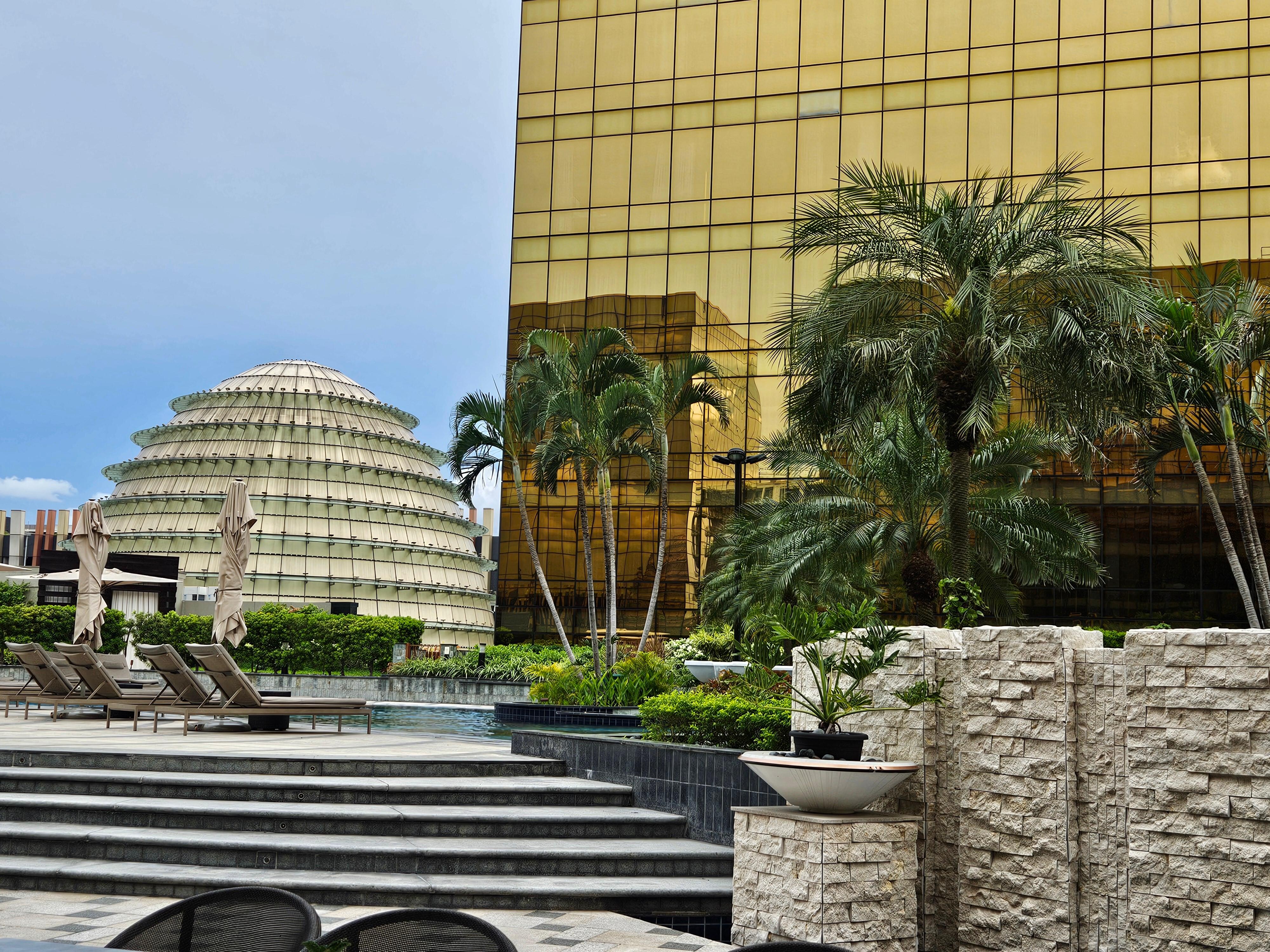 Pool view with casino on the background 