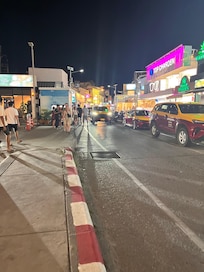 The road outside of the exit to the hotel