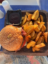 Beef burger and potatoes