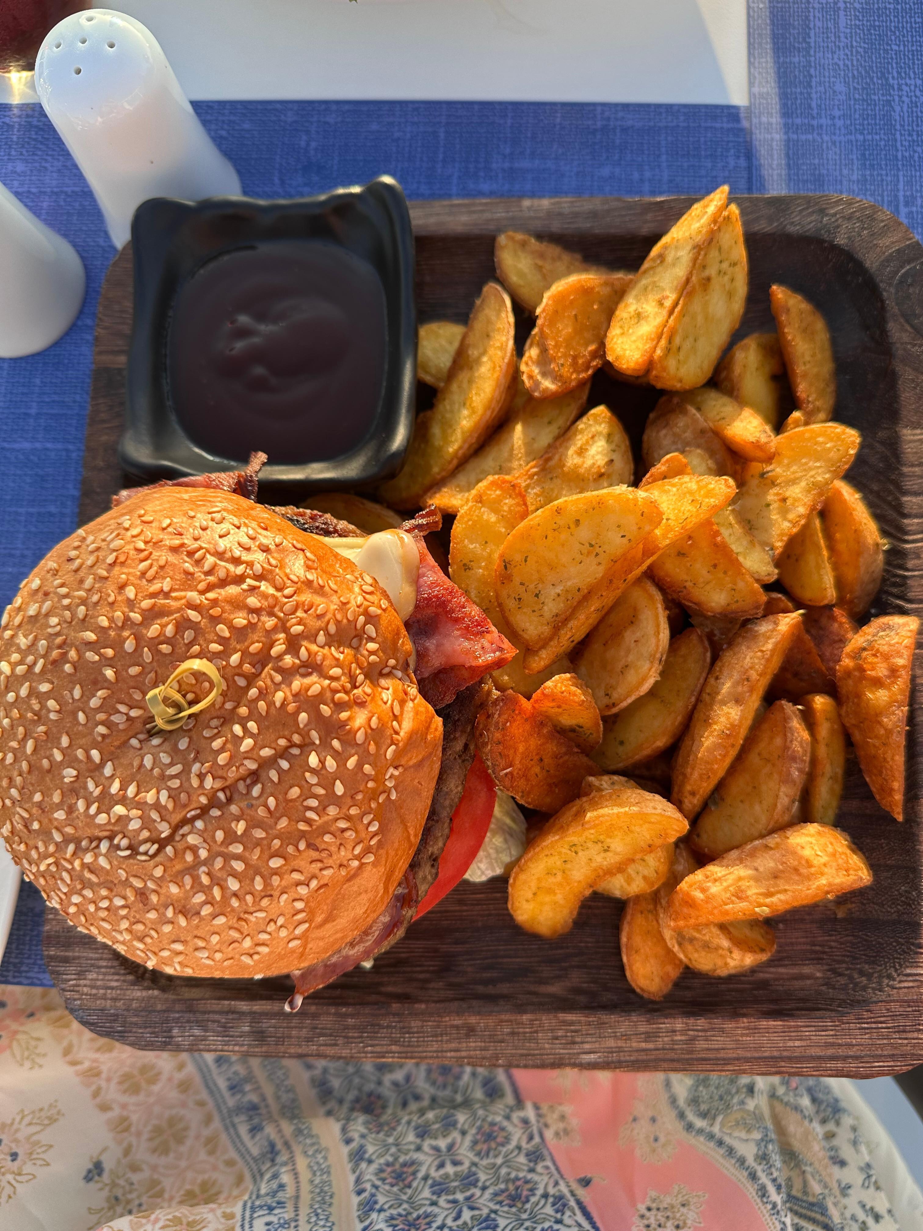 Beef burger and potatoes