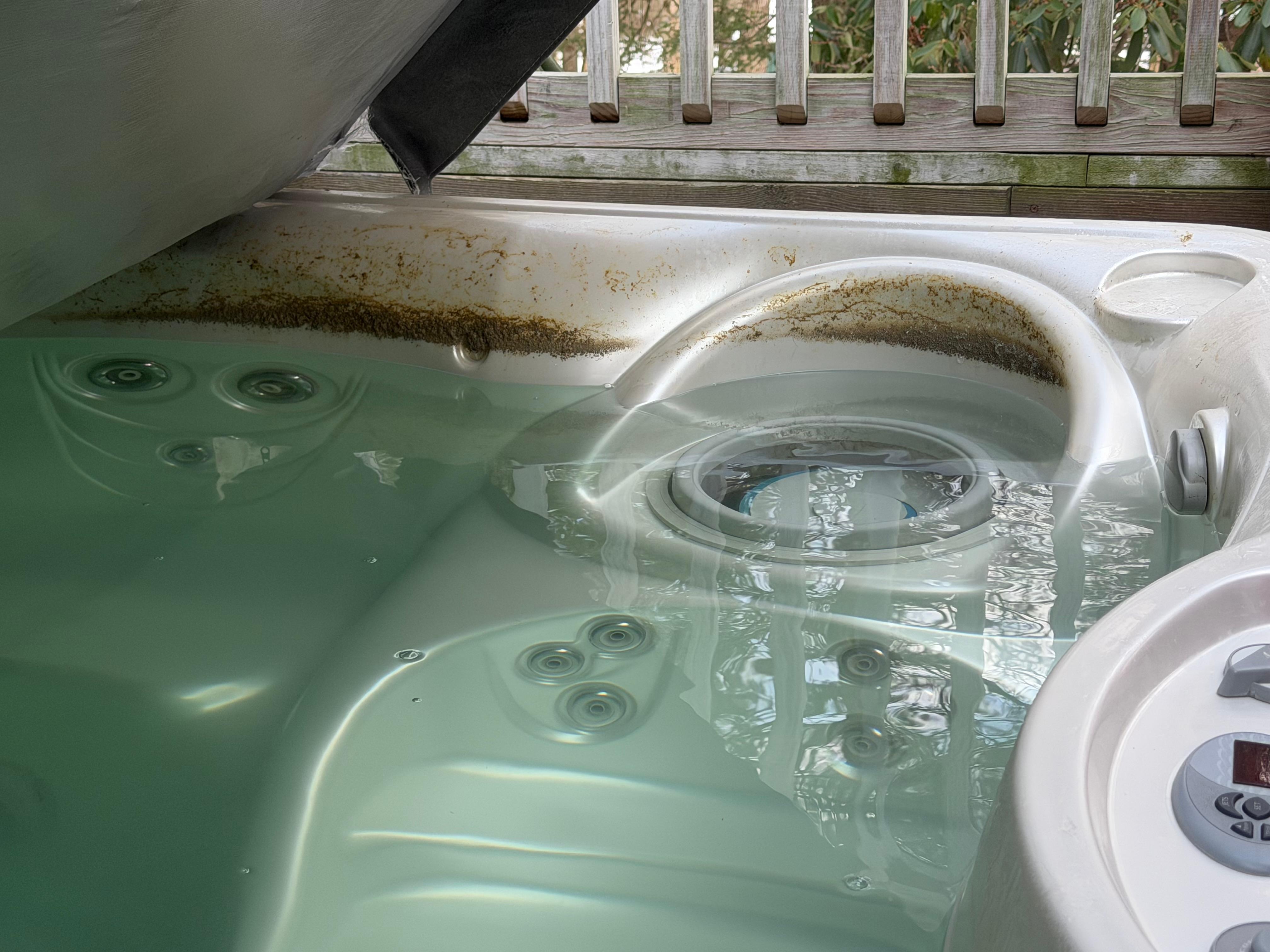 Green matter on Jacuzzi.  This was after Friday it was just green.  Maintenance added chemicals.  Saturday it looked like this.  Maintenance had to come, drain, and refill.  One of our guests assisted. Didn't warm for use until the next day. 