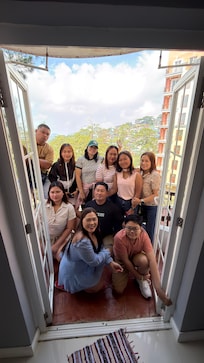 Taking picture at the balcony with my family