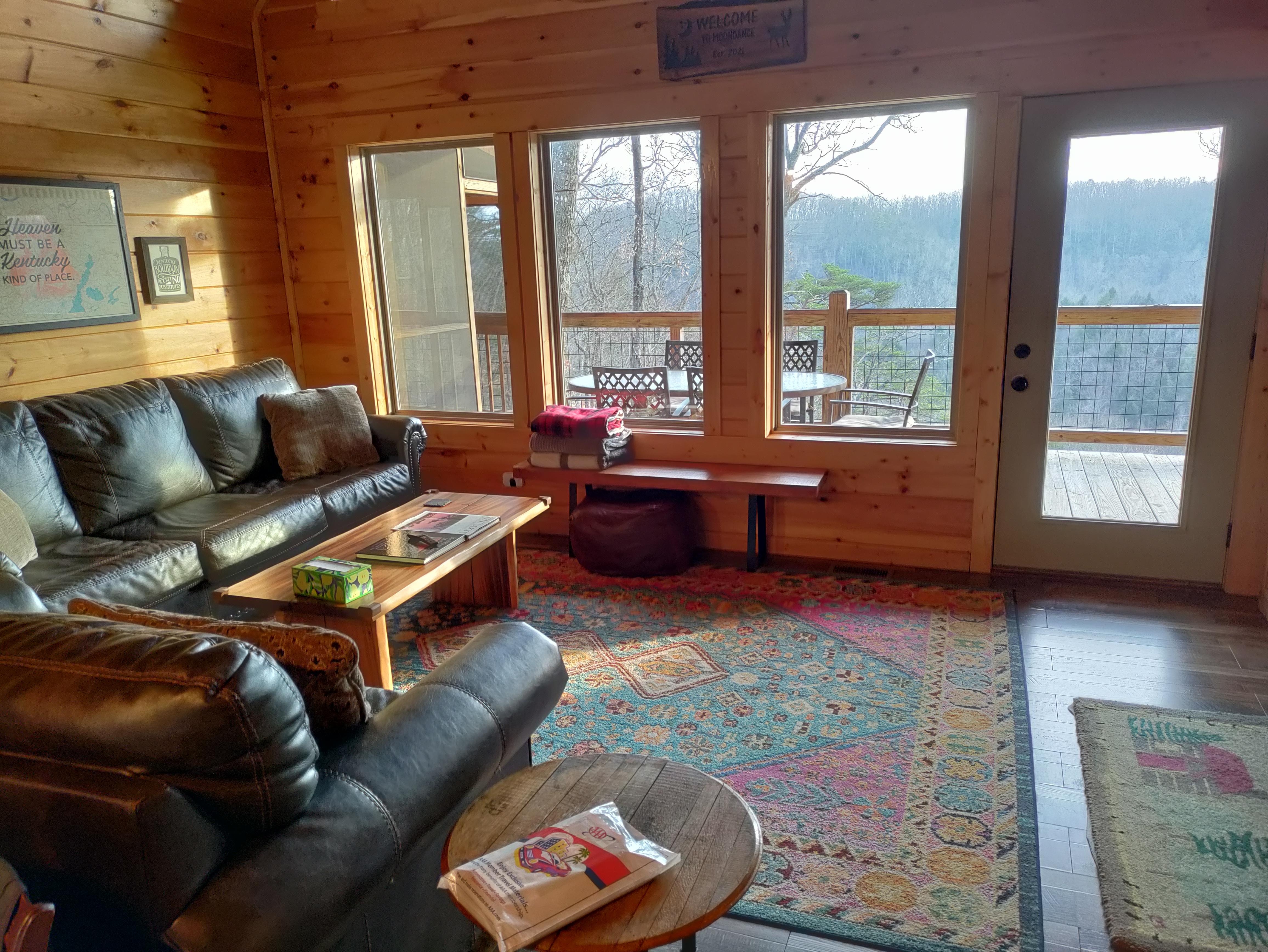 View from living area out to the deck/back of cabin