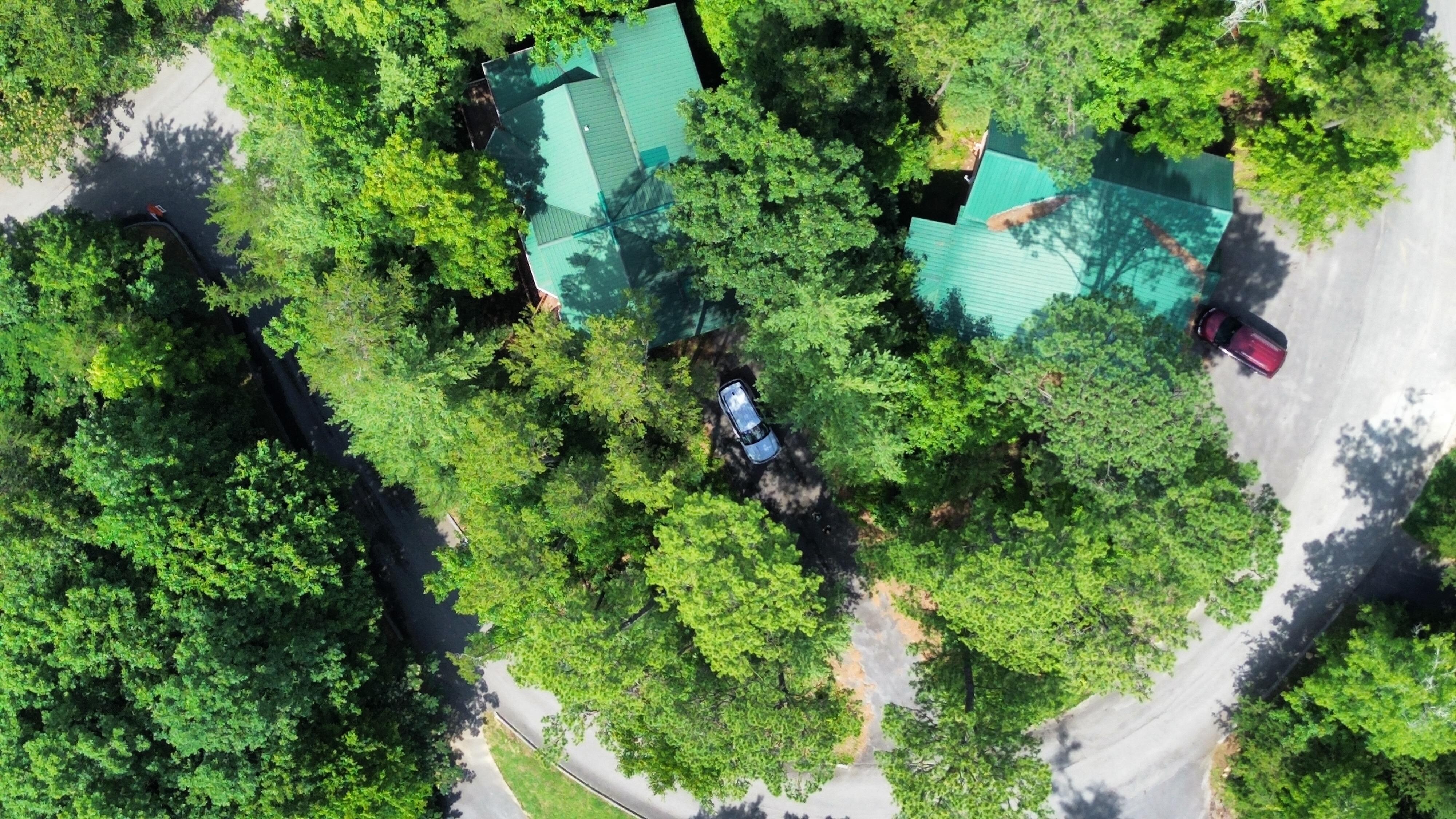 Drone picture looking down on cabin.